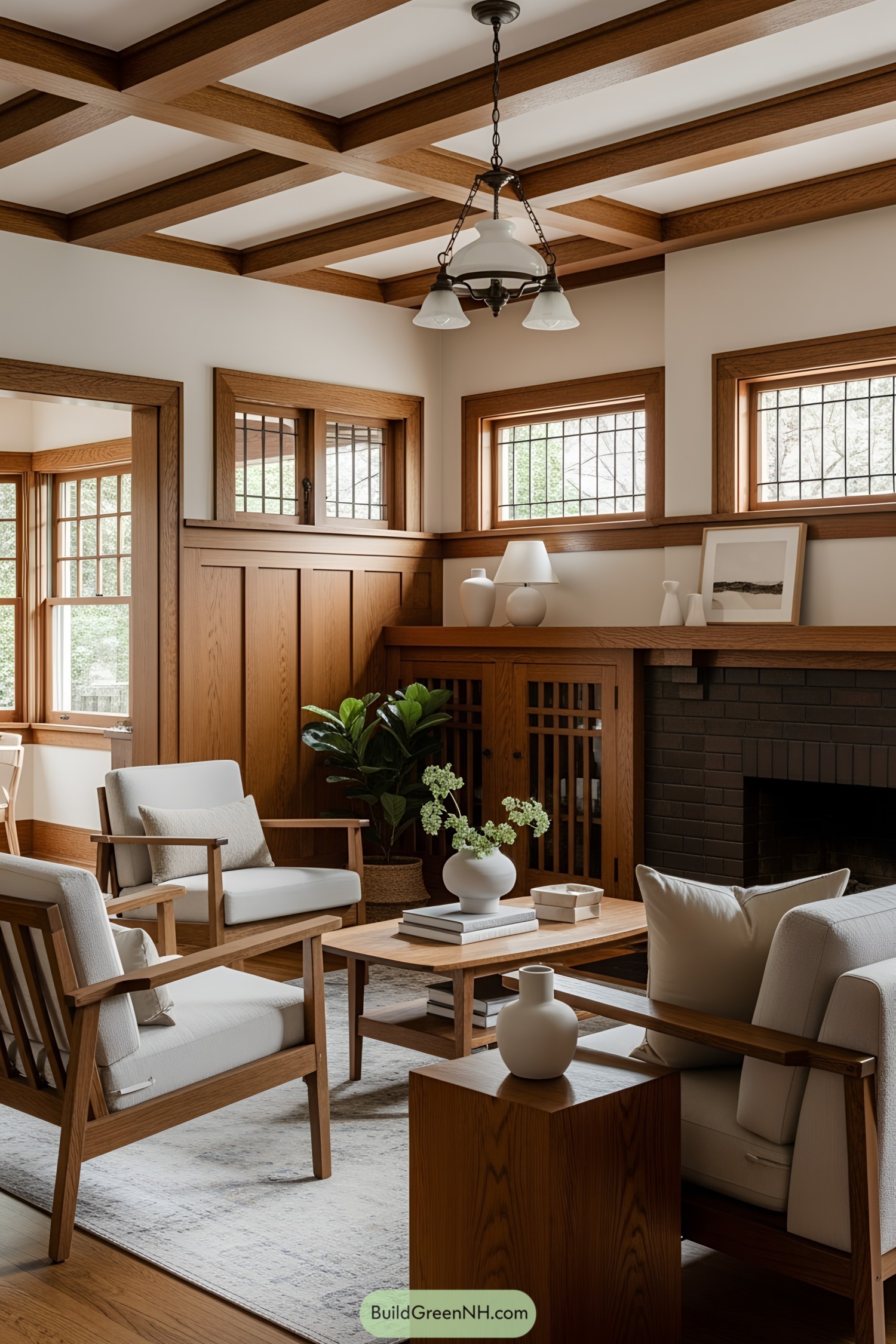 Warm craftsman-style living room with wooden accents