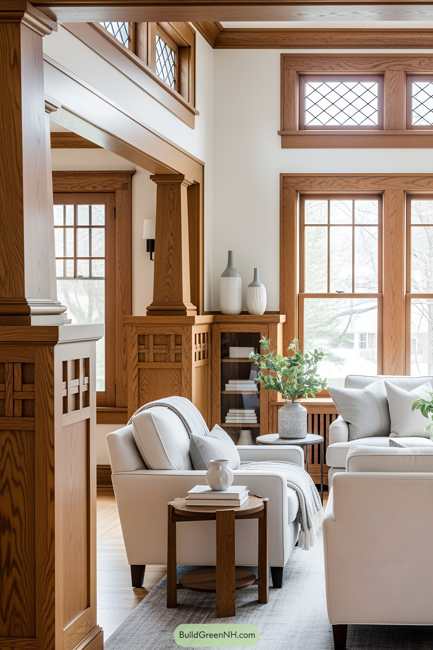 Bright and airy craftsman living room with wood accents and cozy seating