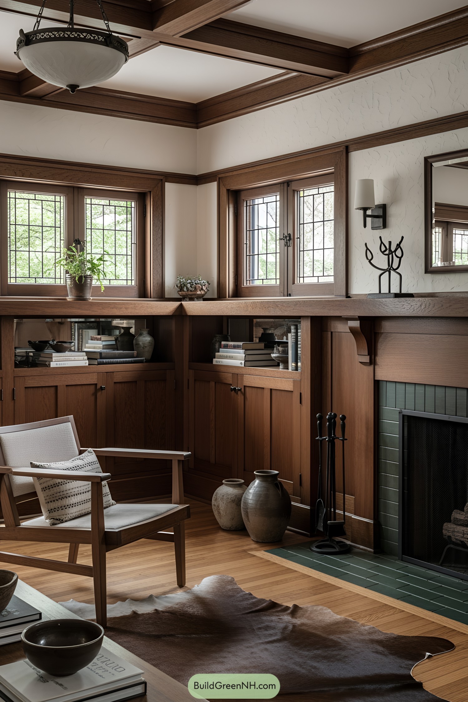 Craftsman-style living room with wooden built-ins and a tiled fireplace