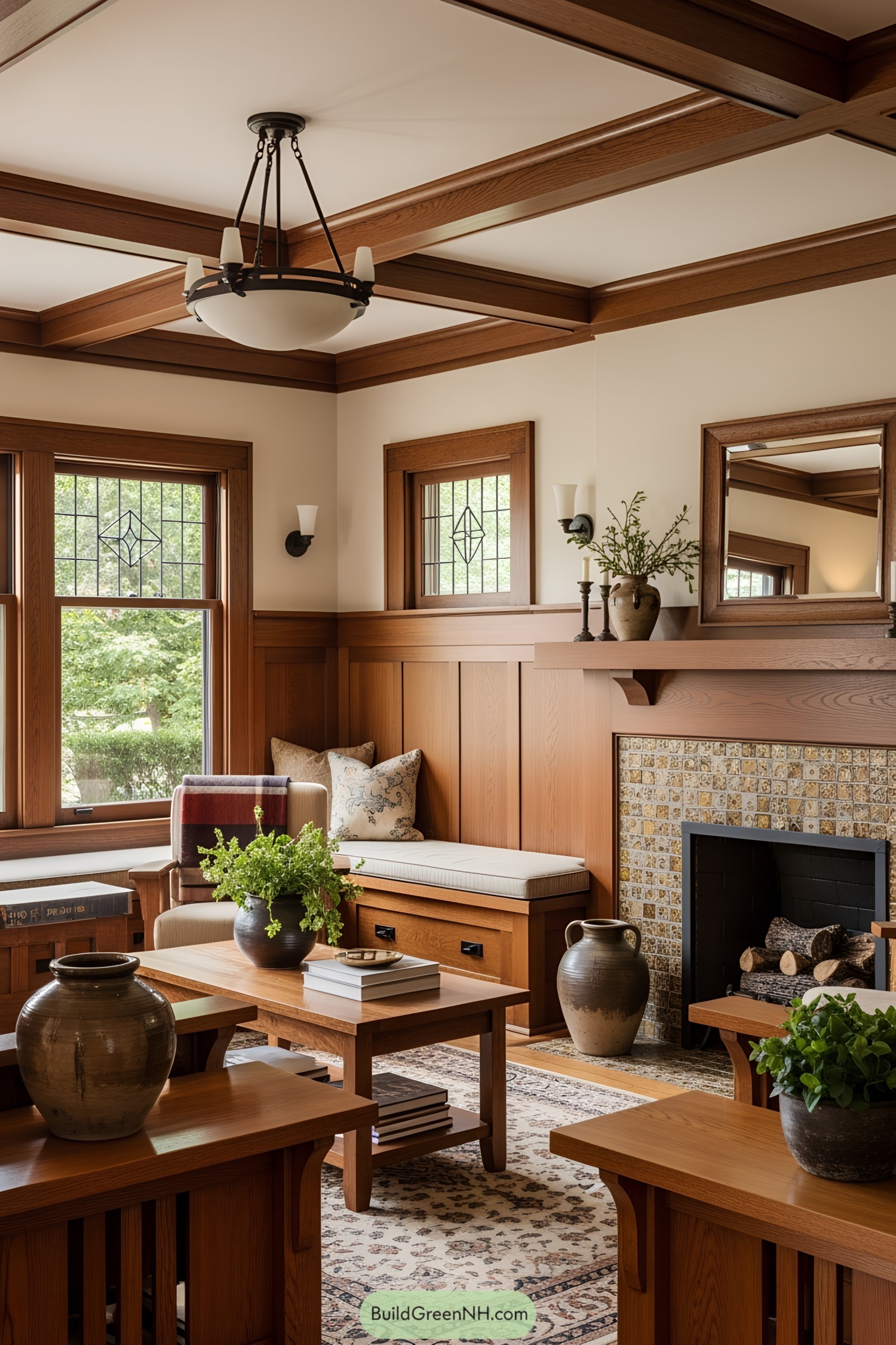 Craftsman-style living room with warm wood tones
