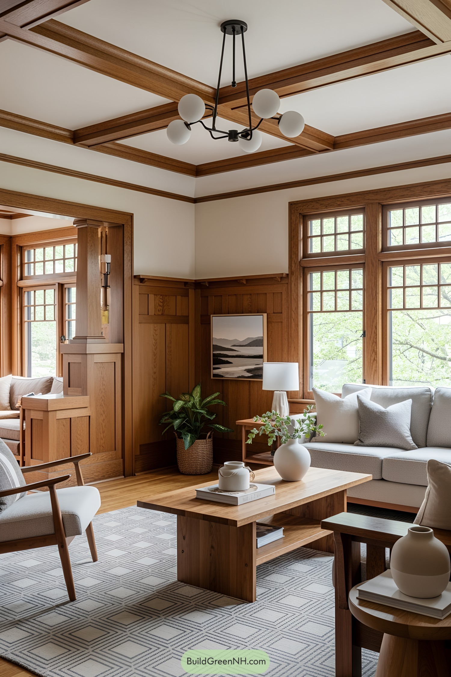 Living room with wooden panels and large windows