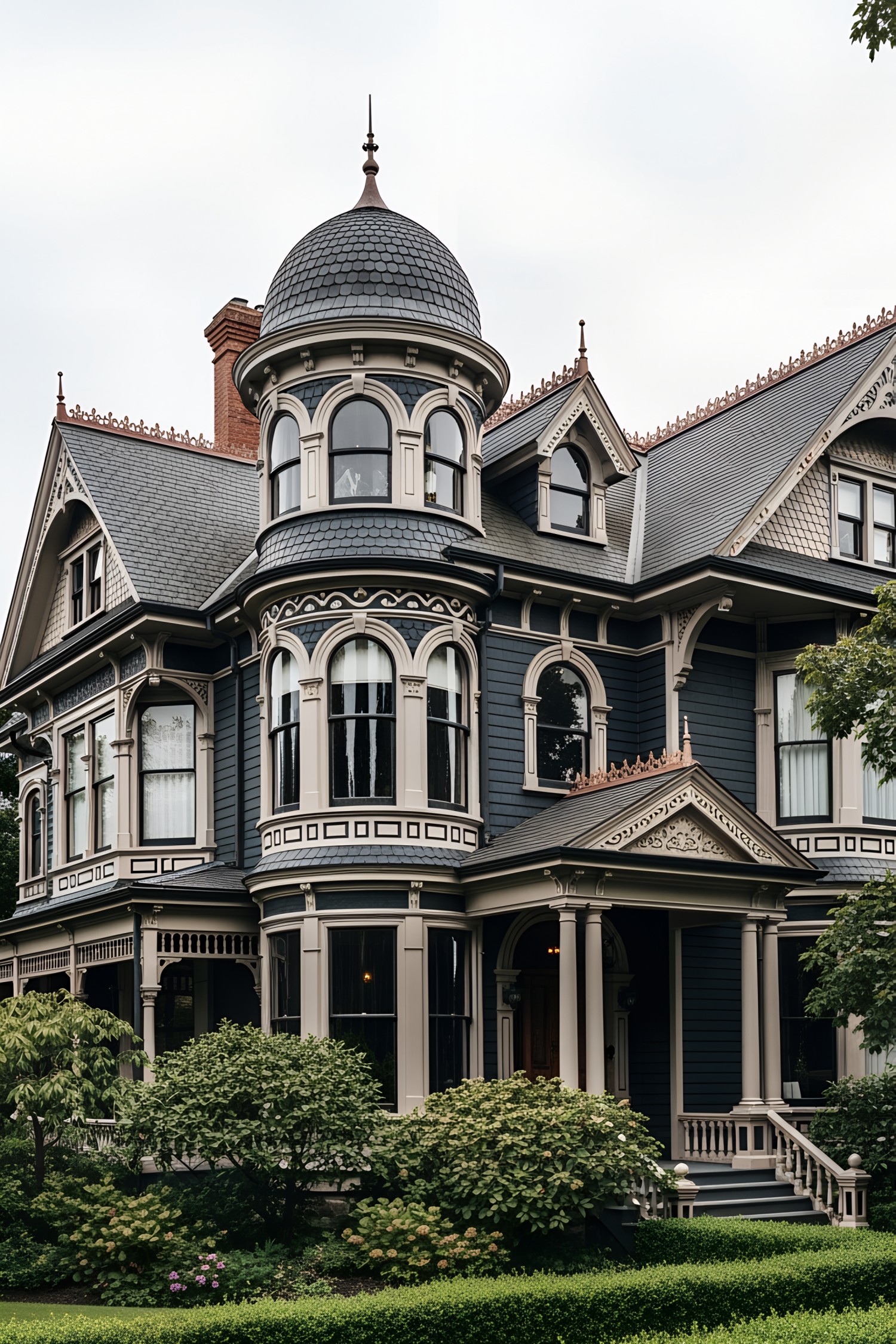 A dark Victorian house with an ornate turret and lush greenery