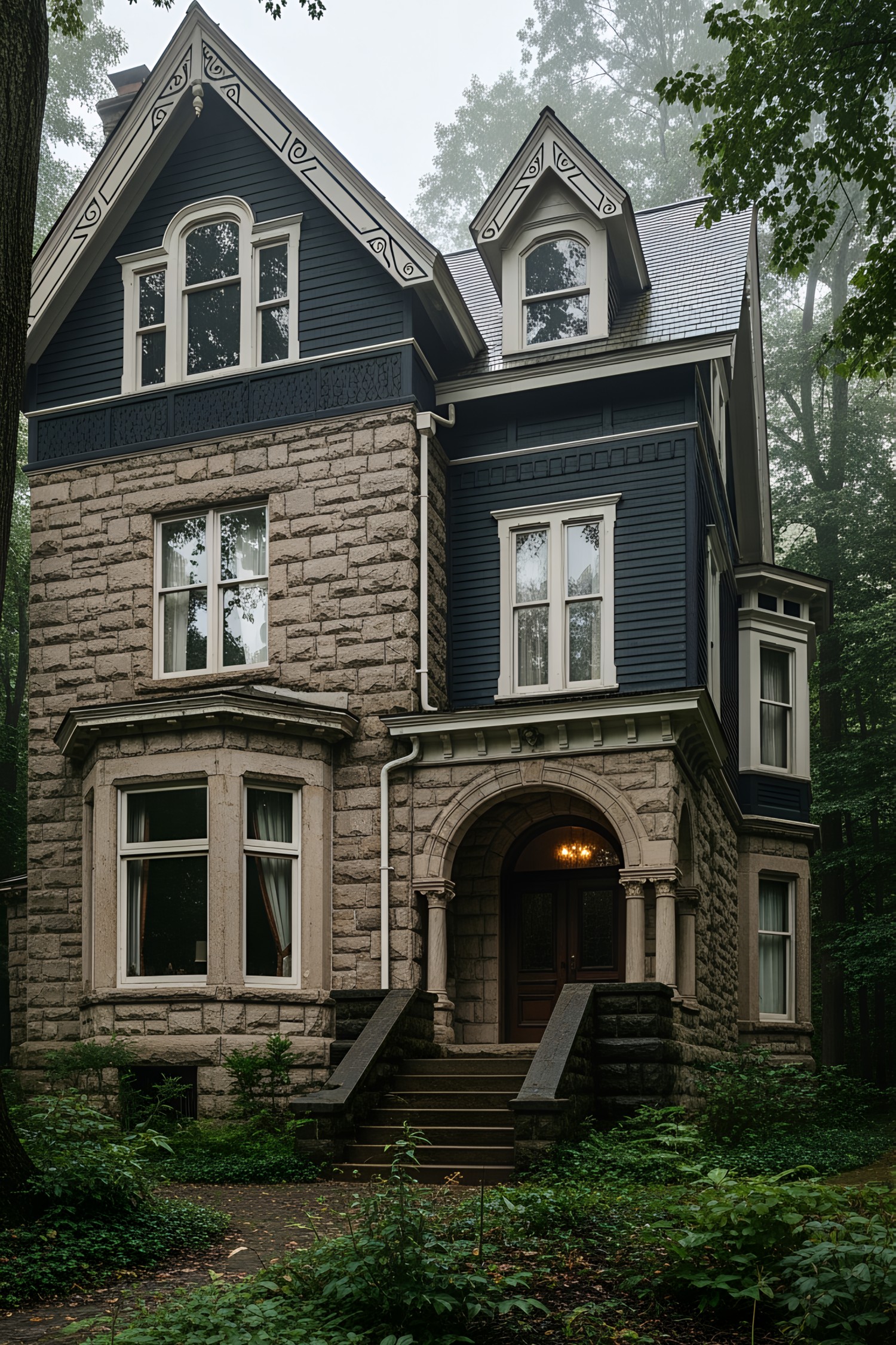 Dark Victorian house with stone facade