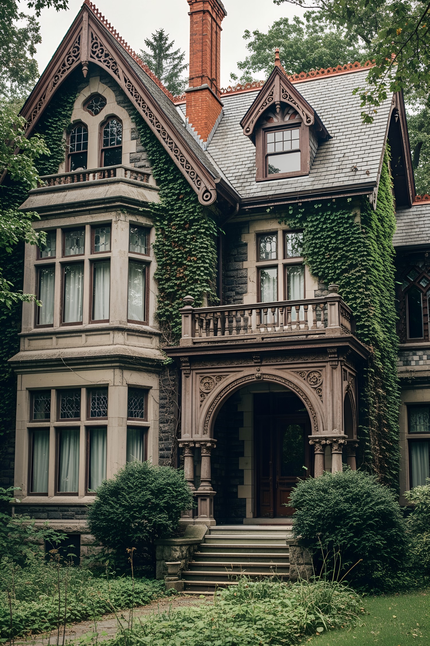 Ornate Victorian house covered in ivy with intricate gables and a tall chimney
