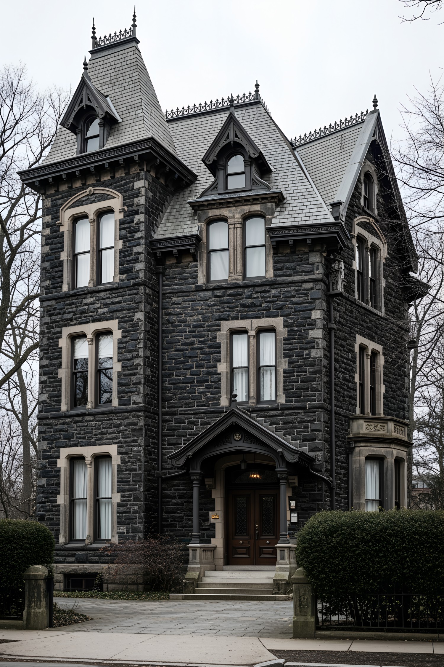 Dark Victorian-style house with intricate details