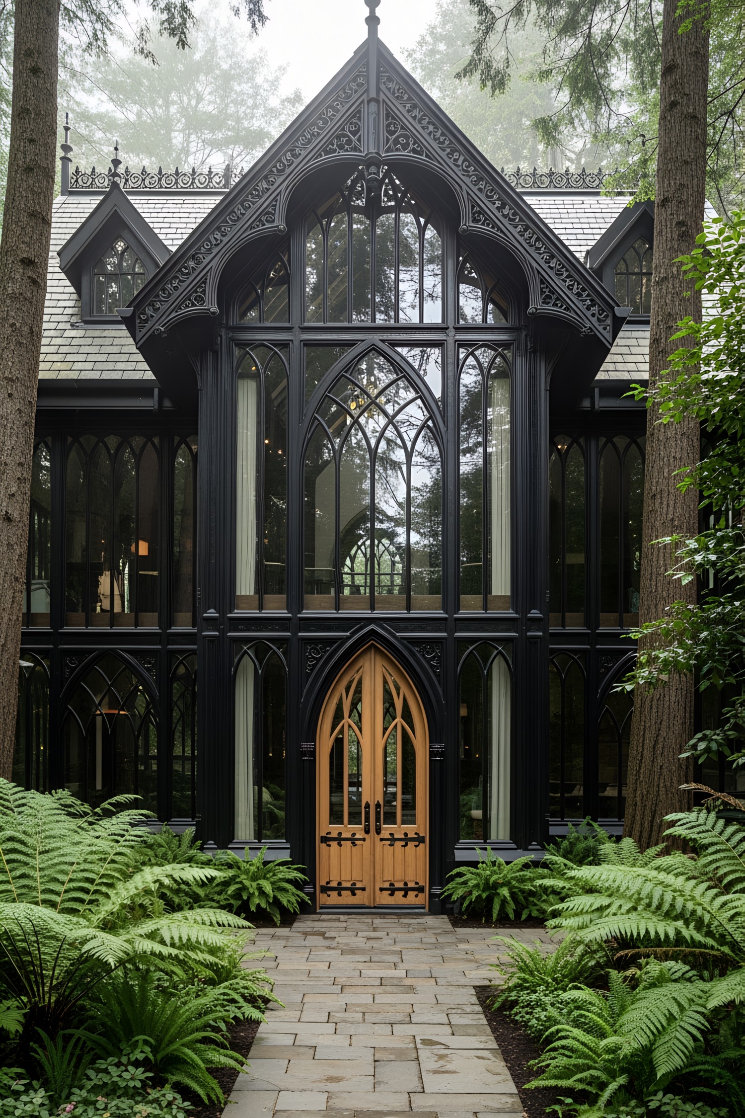Victorian house with arched windows and lush ferns
