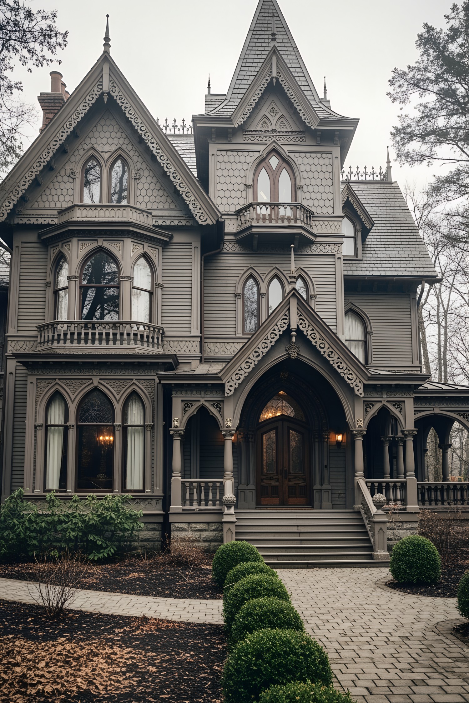 Dark Victorian house with ornate details and arched windows