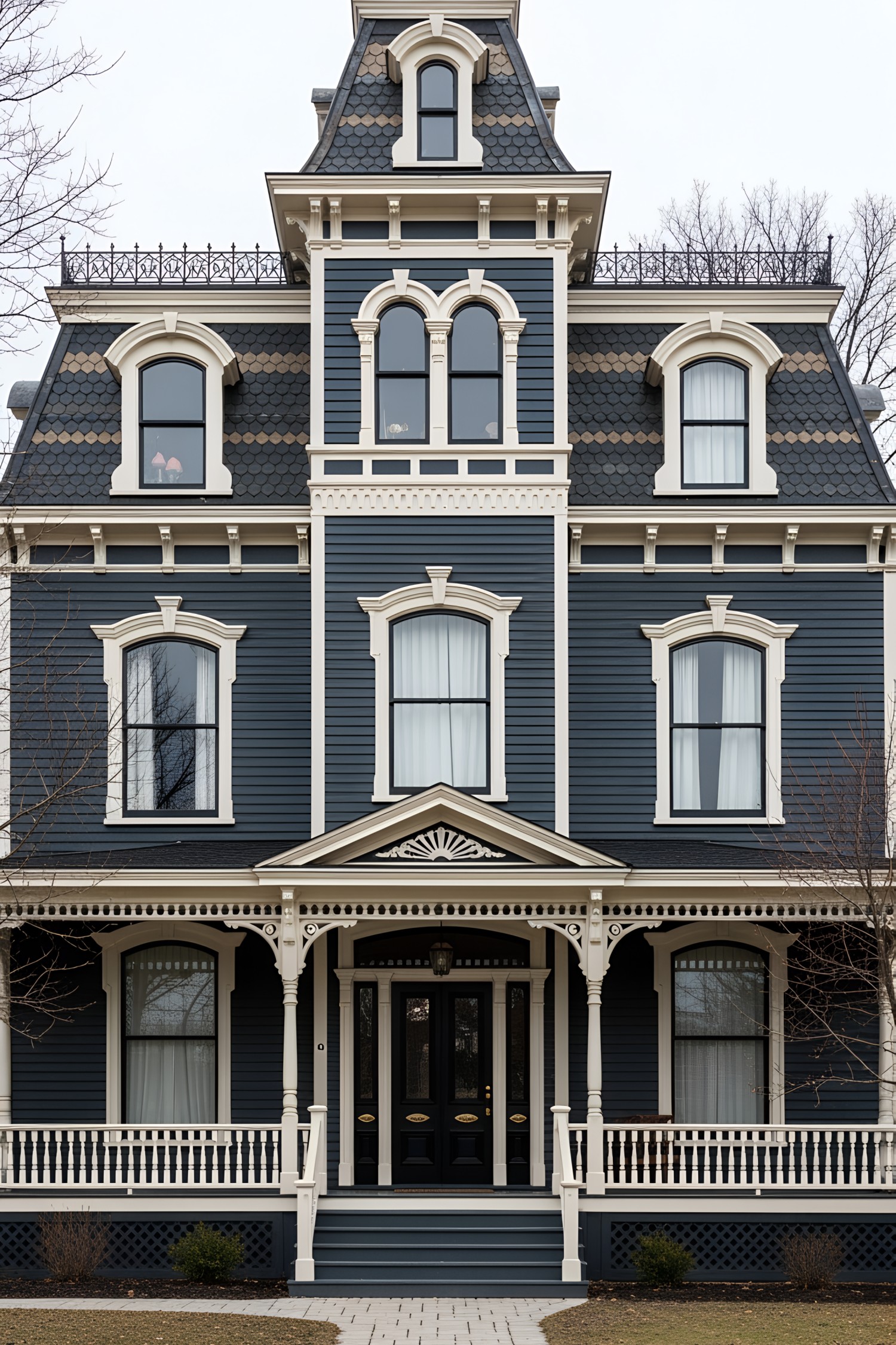 Dark Victorian house with ornate details and large windows