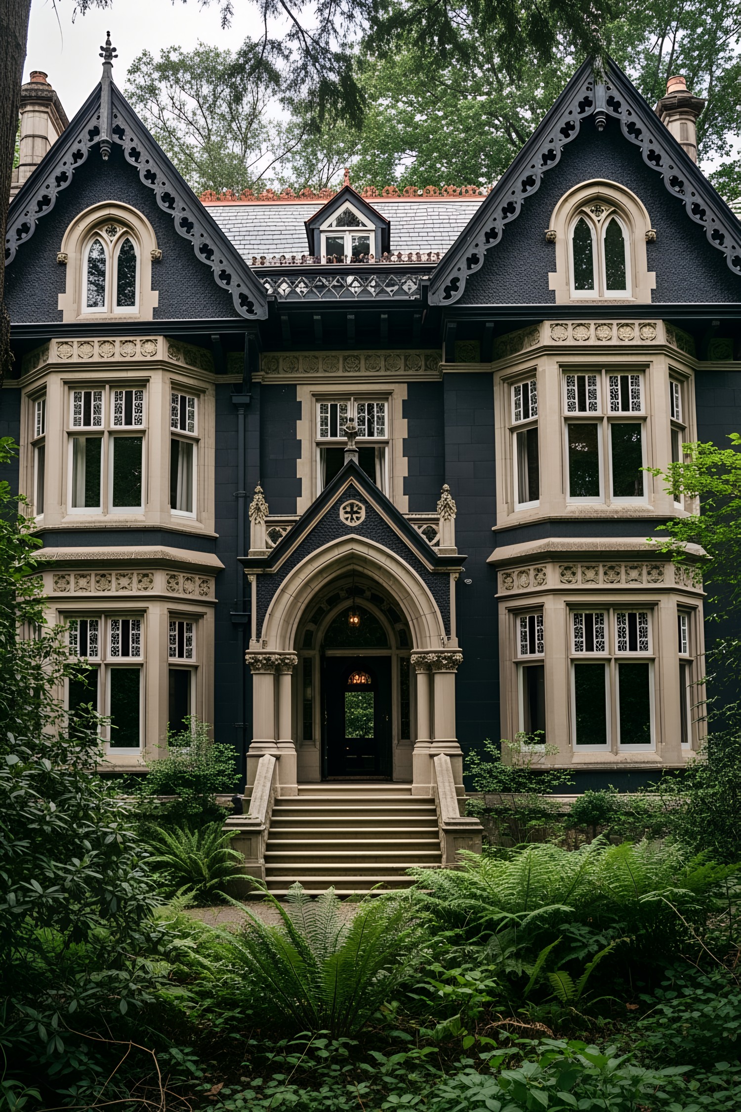 A dark Victorian house with dramatic architecture