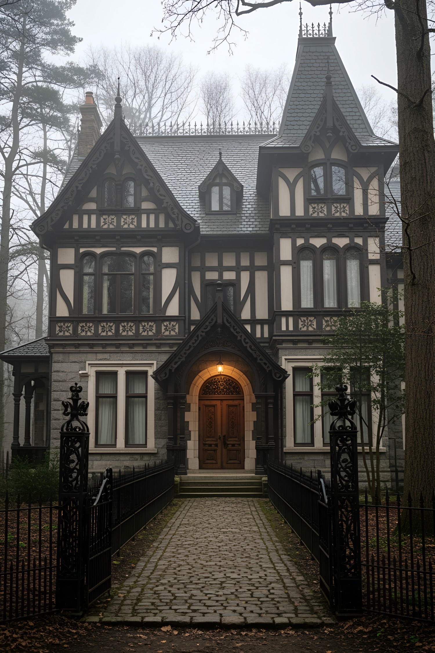 Victorian house shrouded in mist with ornate iron fence