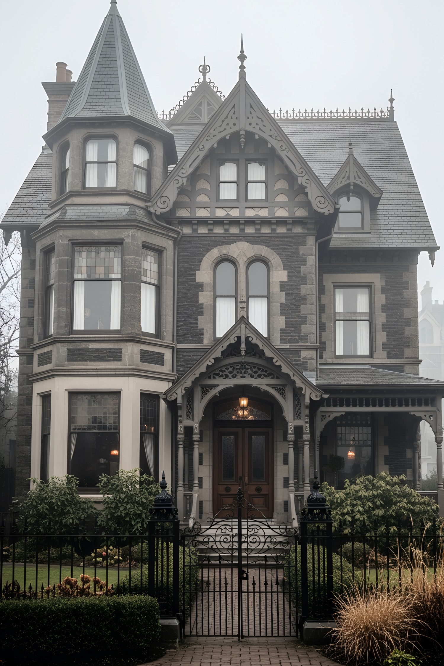 Victorian house with ornate details and overcast sky
