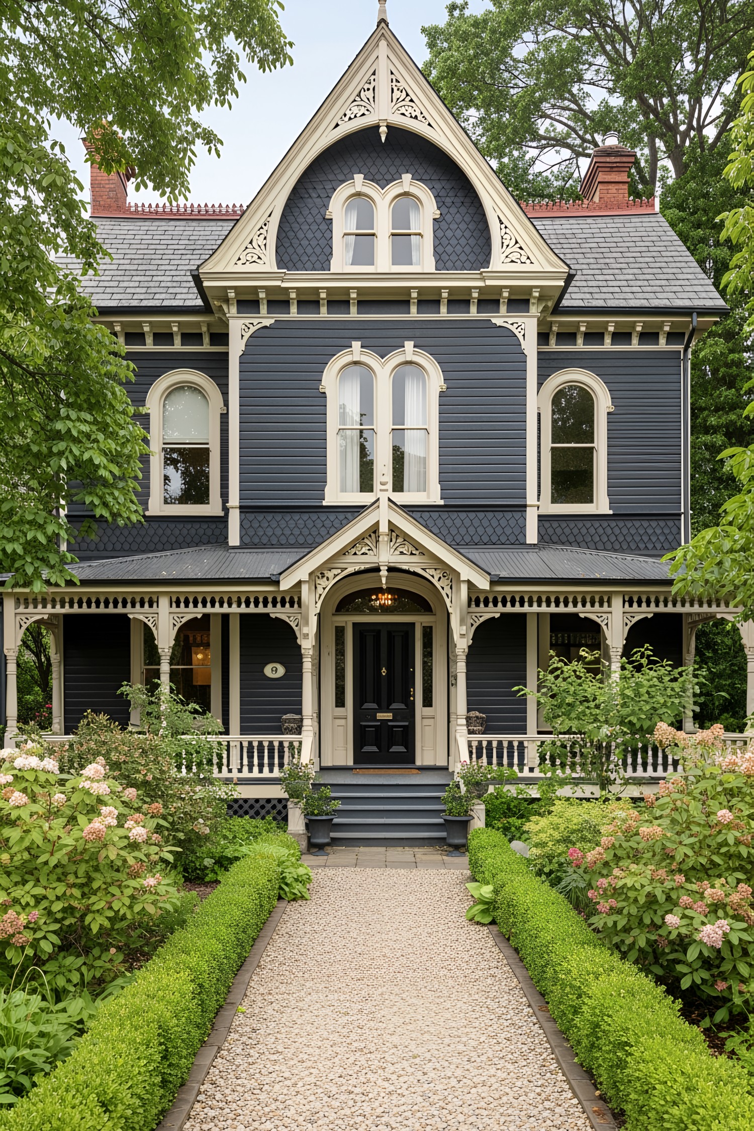 Victorian house with blue siding and ornate details