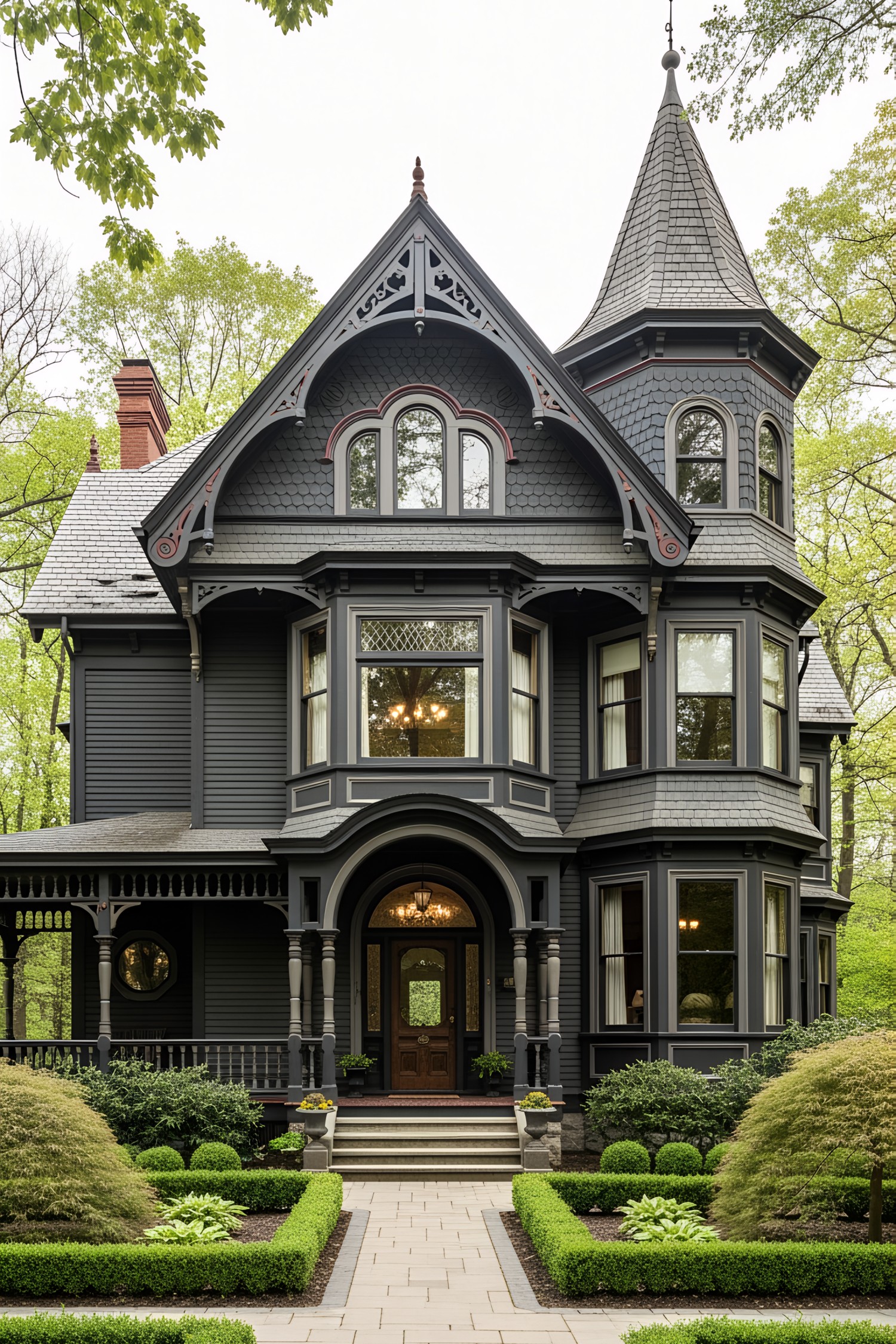 Victorian house with dark facade, detailed gables, and turret