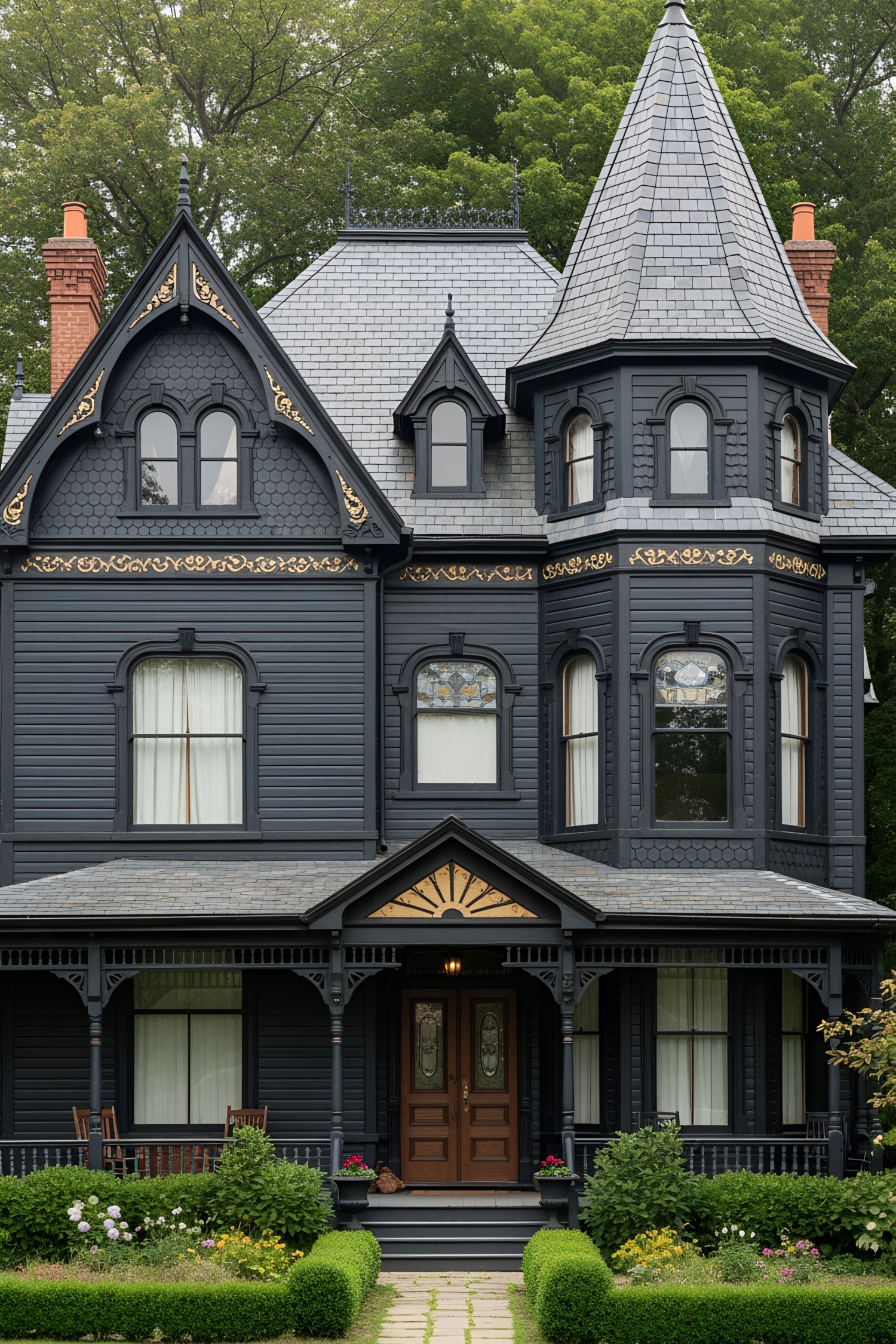 Front view of a Victorian house with dark siding, ornate trim, and a turret