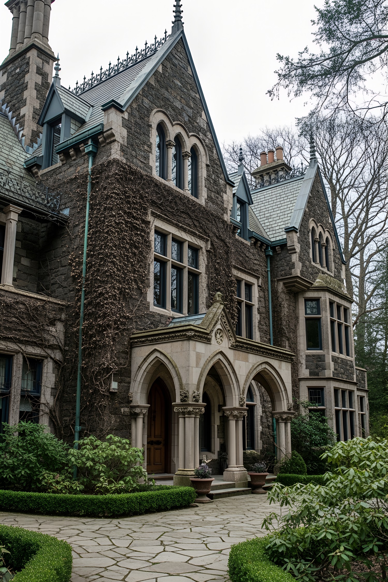 Dark Victorian house with arched entrance and ivy-covered stone walls