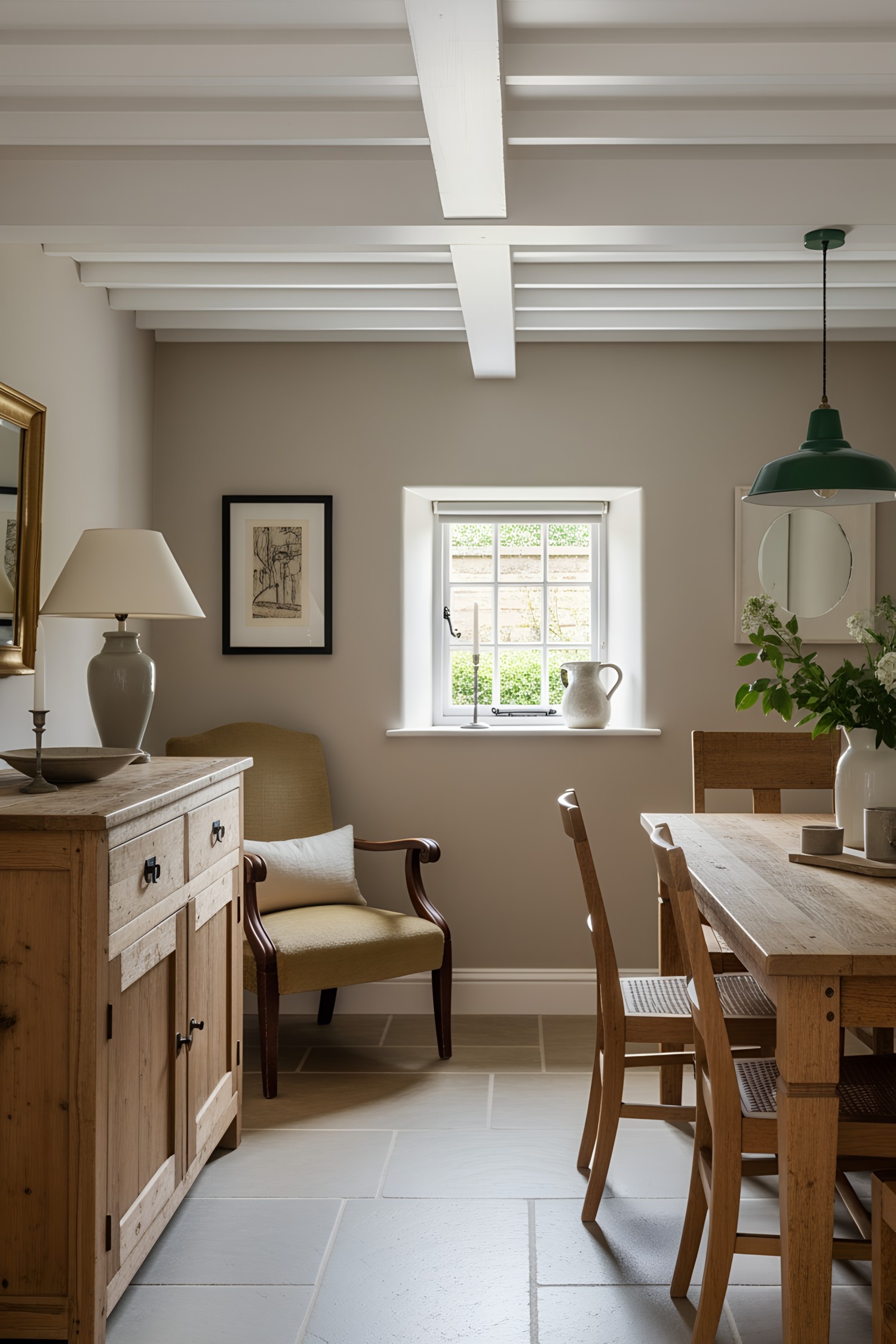 Cozy British cottage interior with rustic wood furniture