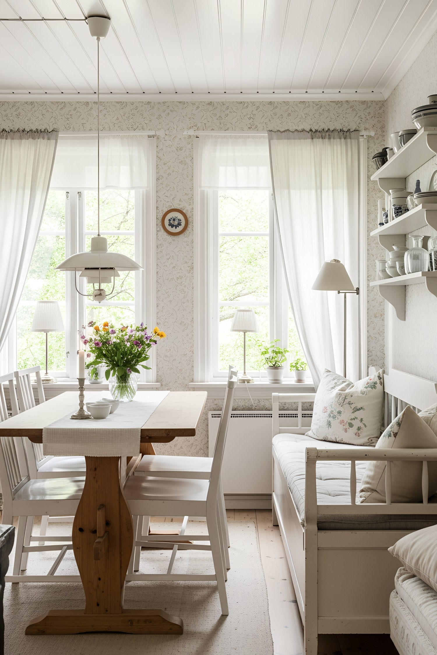 Bright, cozy dining area with white furniture and natural light