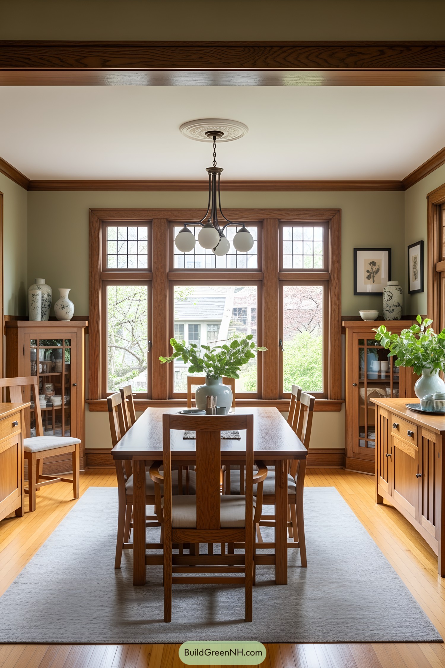 Cozy 1920s dining room with wooden furniture and large windows