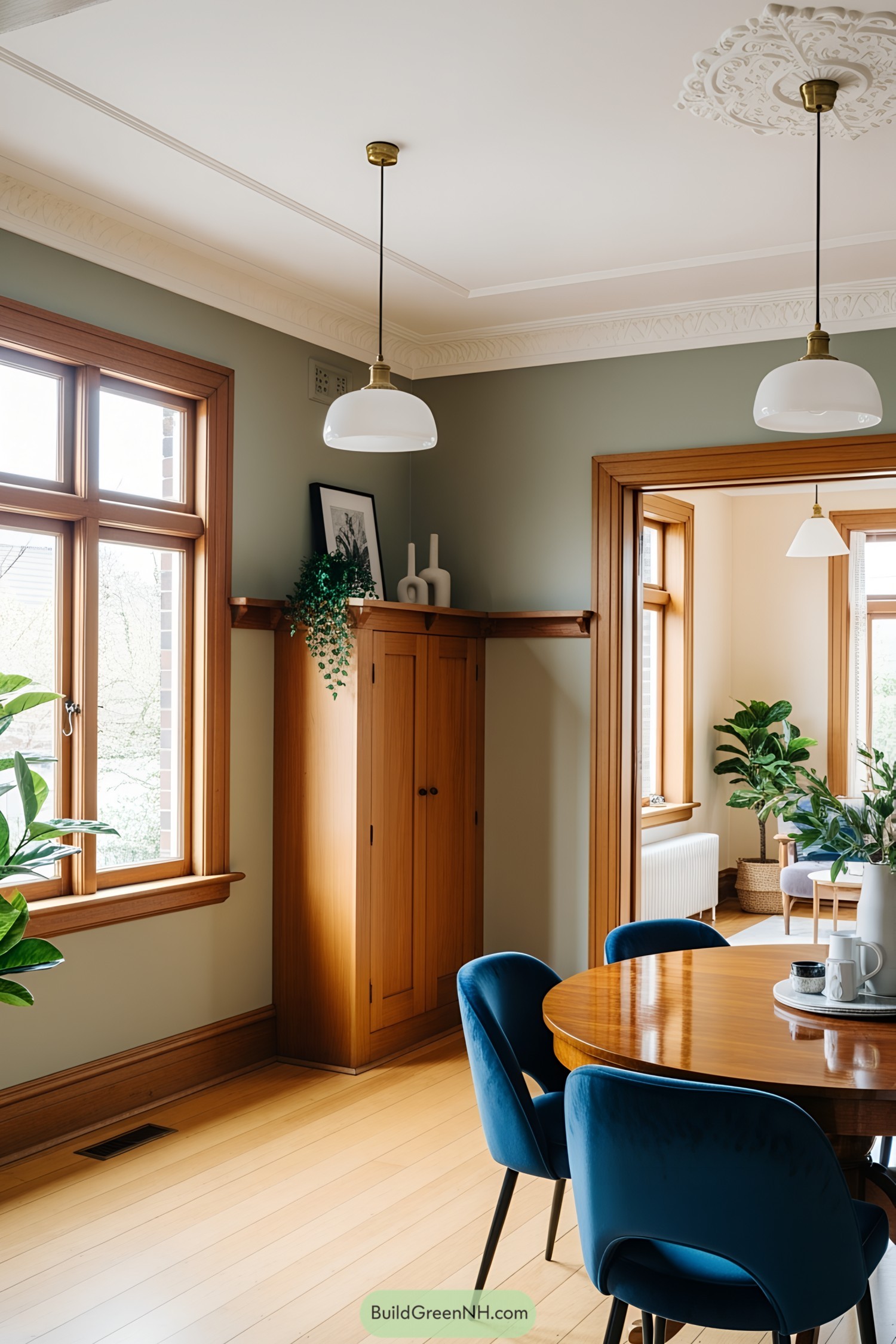 1920s style dining room with wooden accents and blue chairs