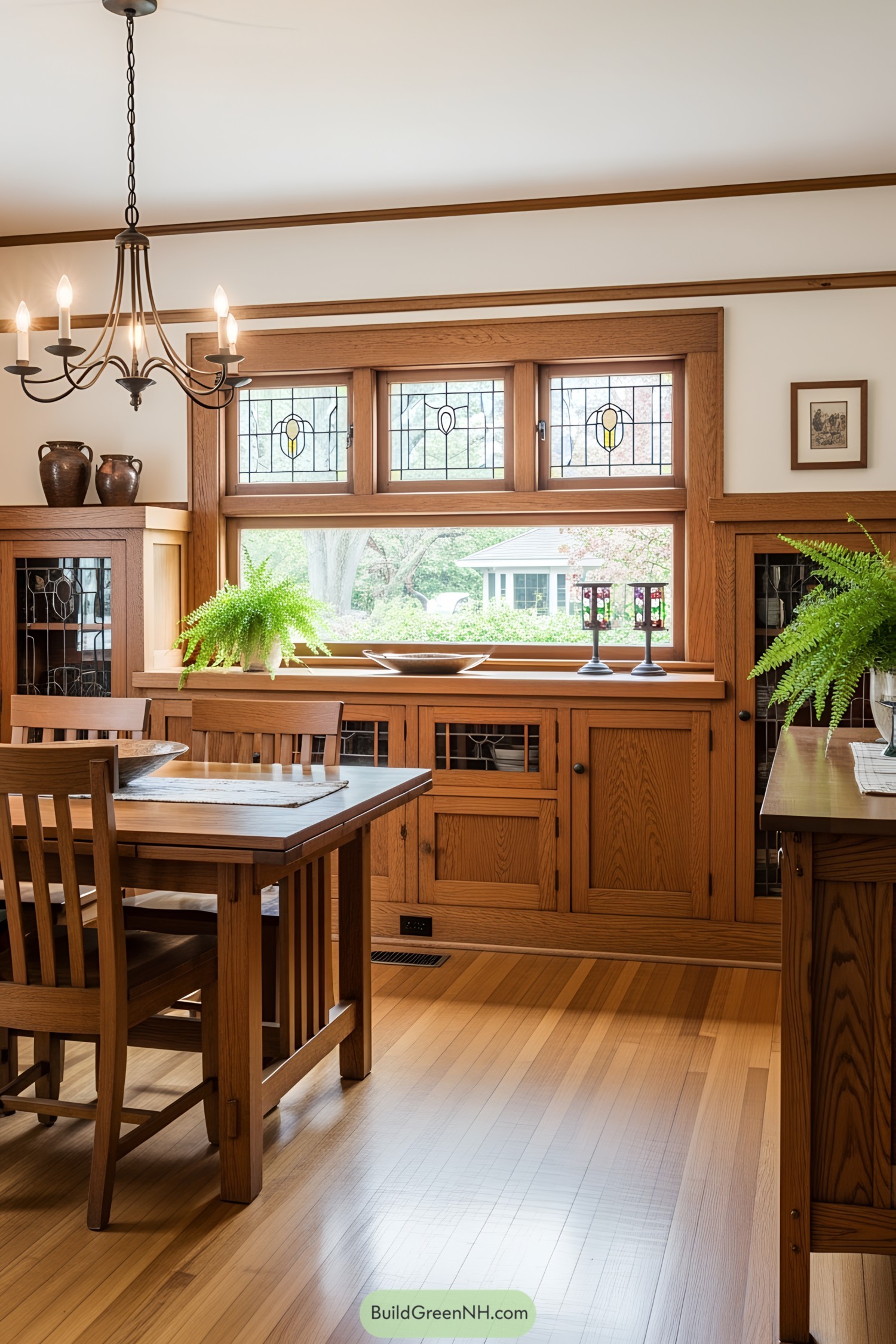 Warm wood dining room with stained glass windows and vintage decor