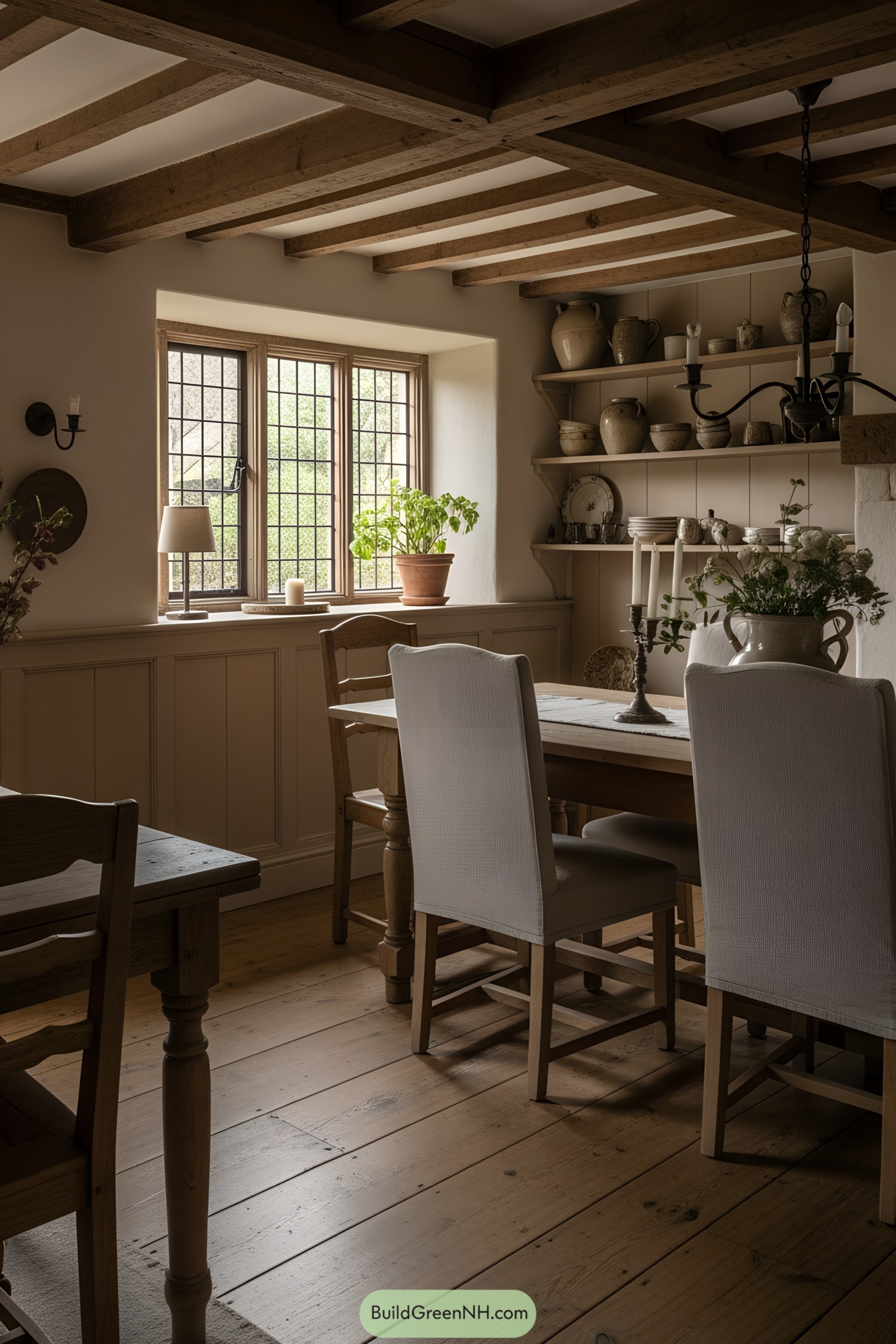 Cottage dining area with wooden beams and vintage decor