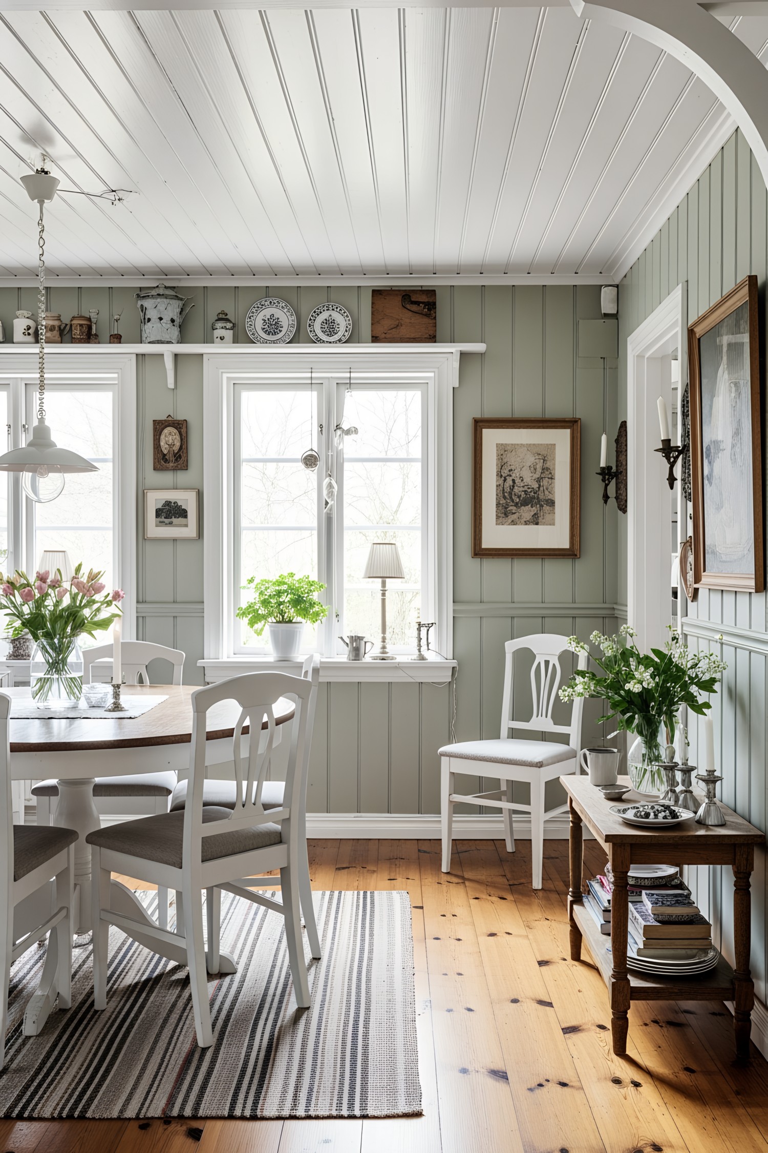 Cozy dining room with wooden floors and white furniture