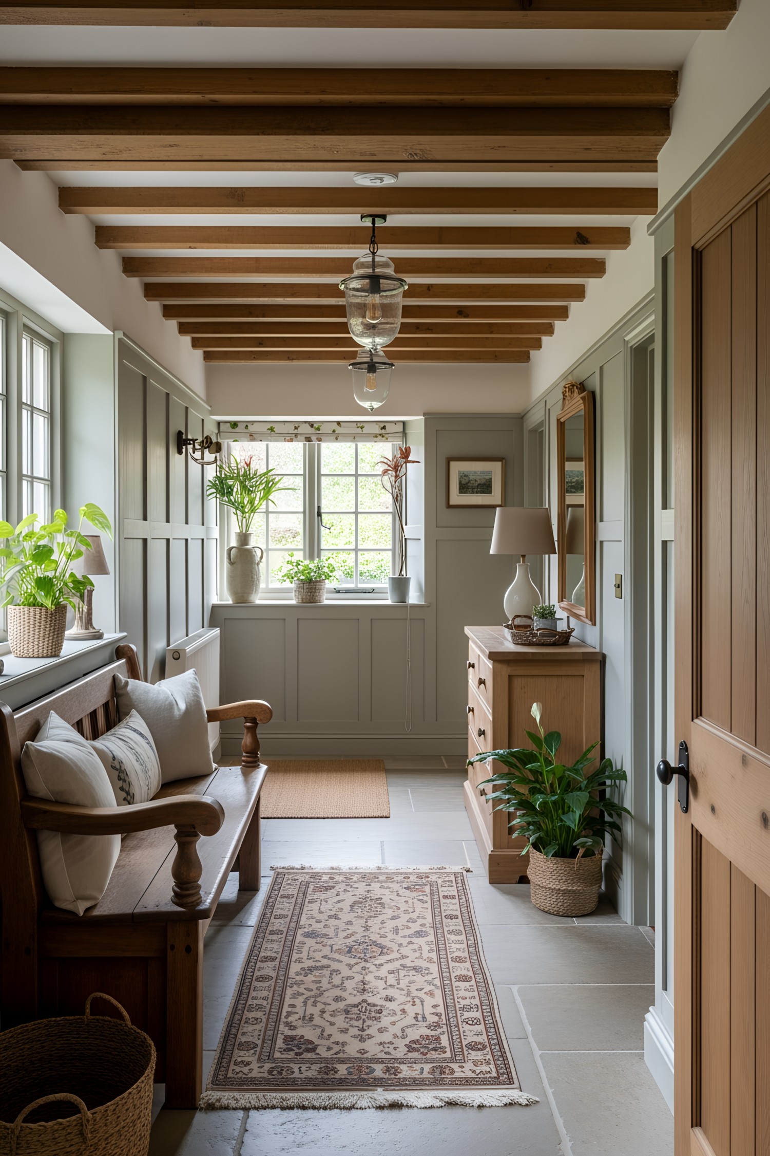 Cozy cottage hallway with wooden beams and plants