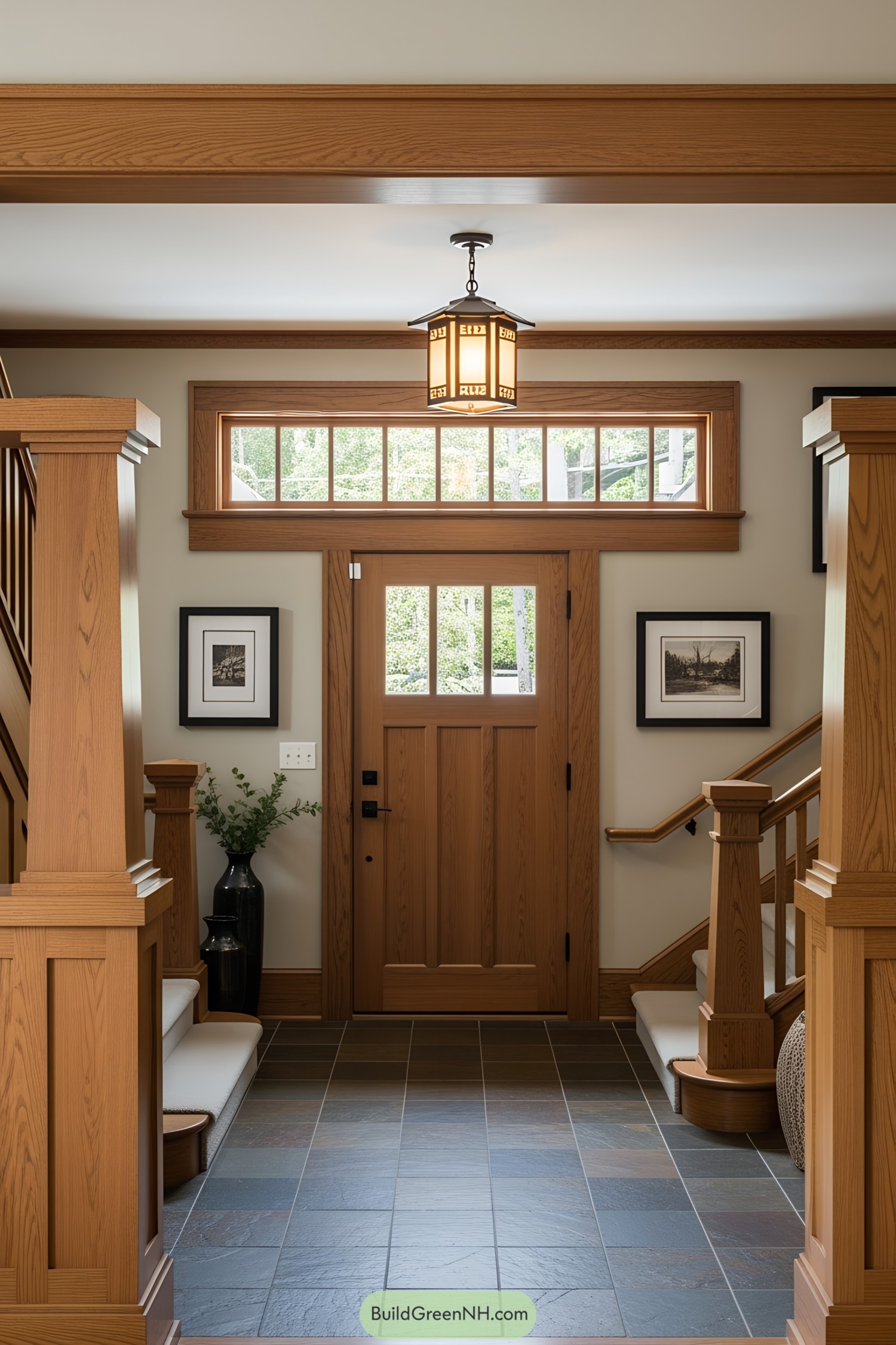Warm wood accents in a Craftsman foyer