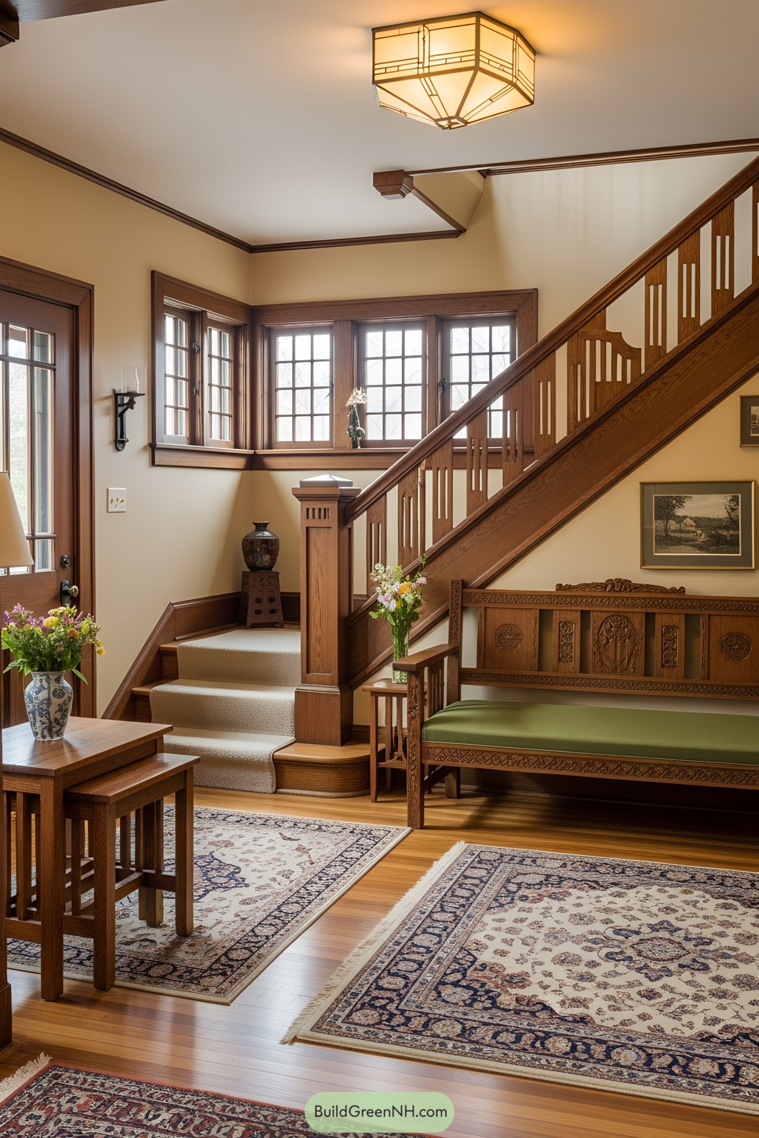 Warm craftsman staircase with wooden furniture