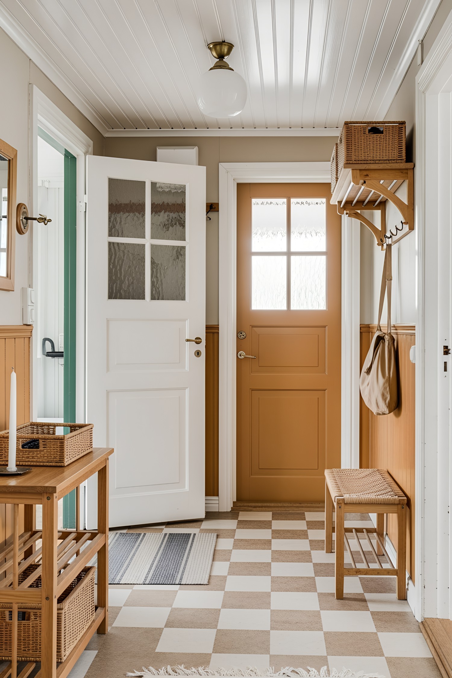 Cozy Swedish cottage entrance with checkerboard floor and wicker accents
