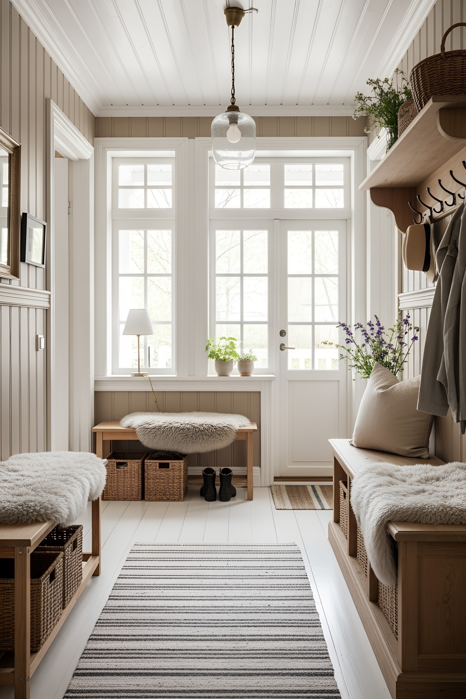 Inviting Swedish hallway with bench and storage