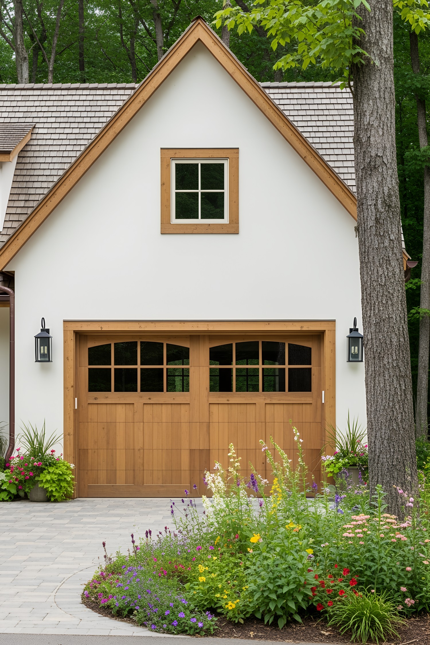 Garage with wooden door, surrounded by colorful flowers