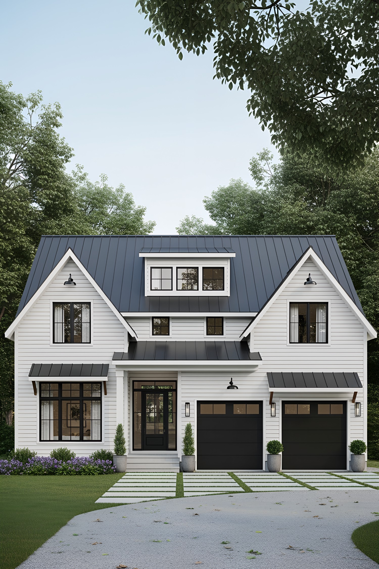 Charming white farmhouse with dual garages