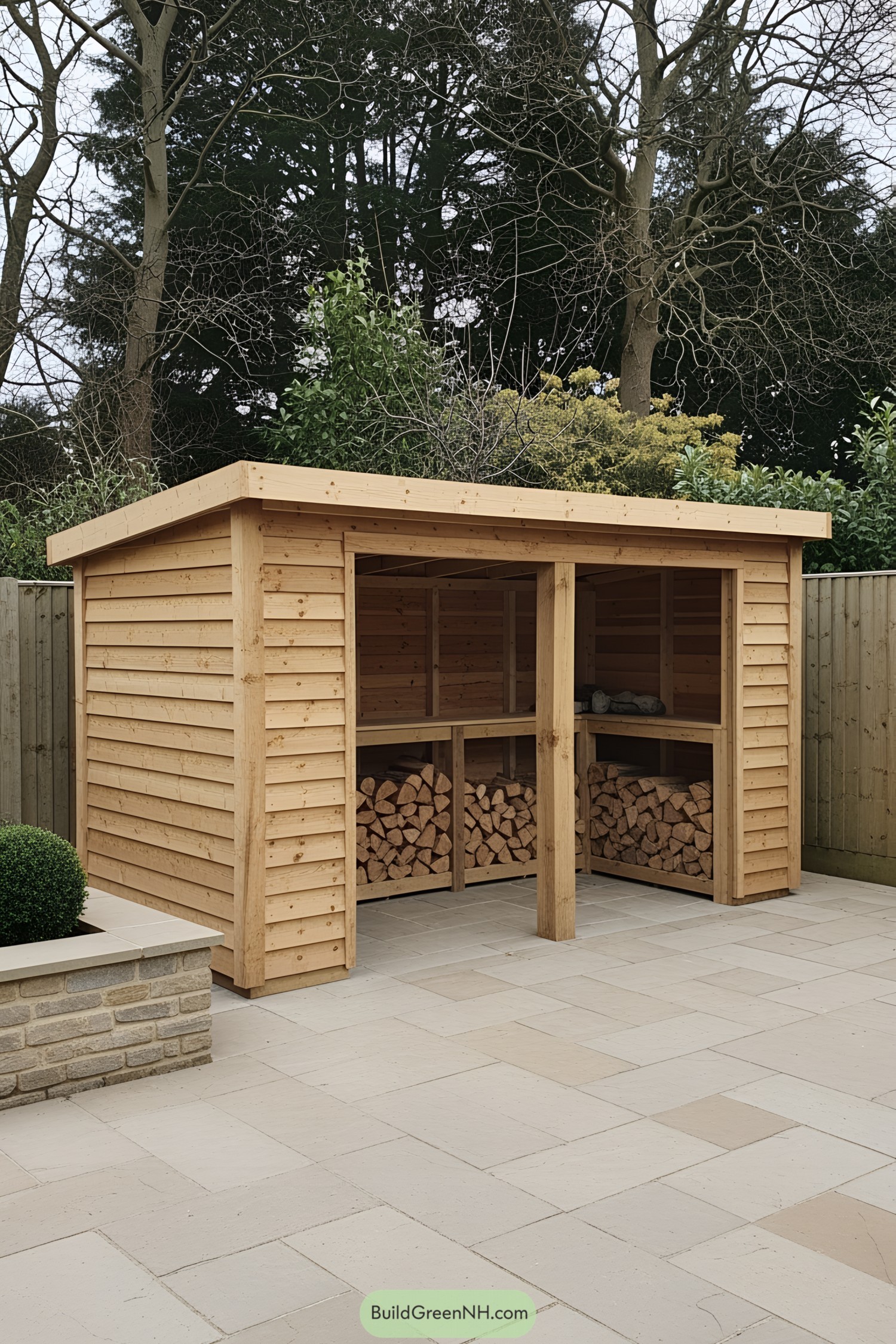 Wooden shed with stacked firewood underneath