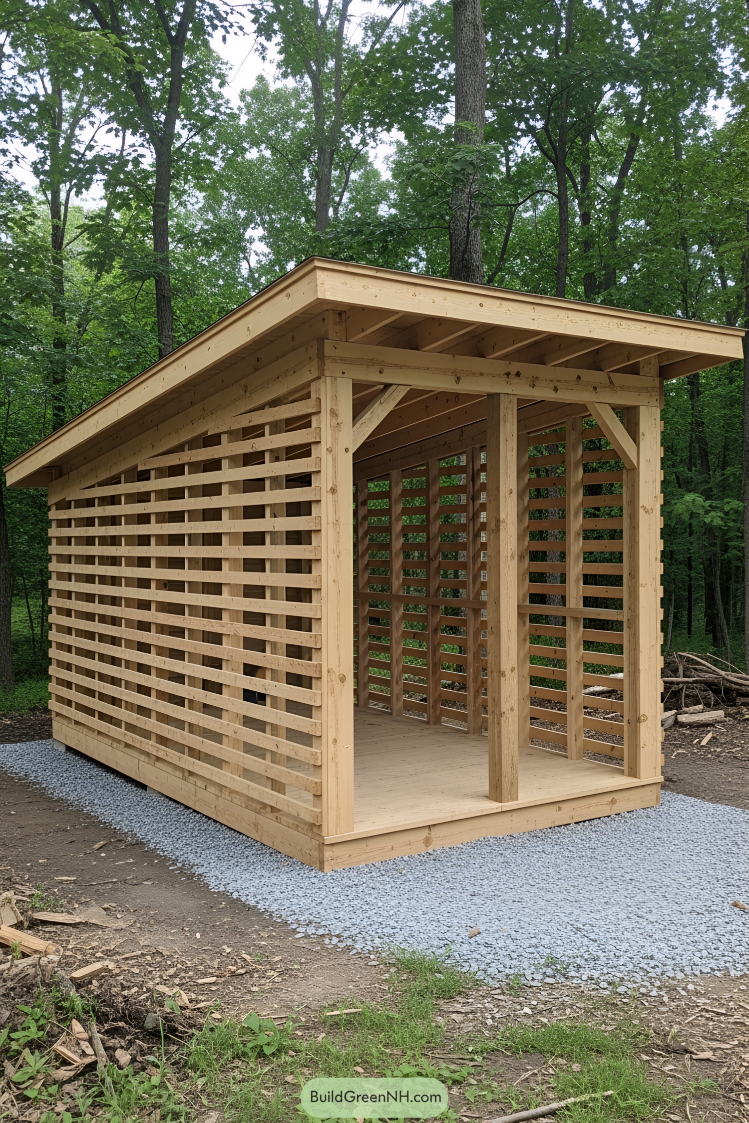 Lattice-Style Firewood Shed in the Woods