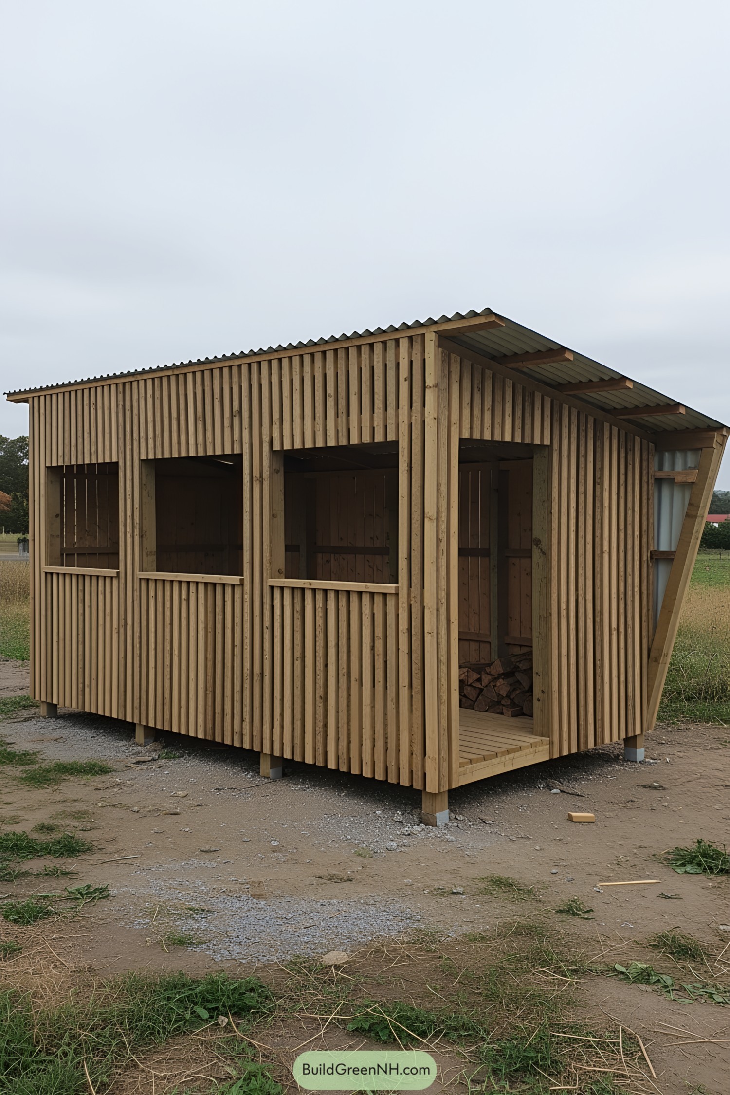 Open-Air Firewood Structure with Slatted Walls