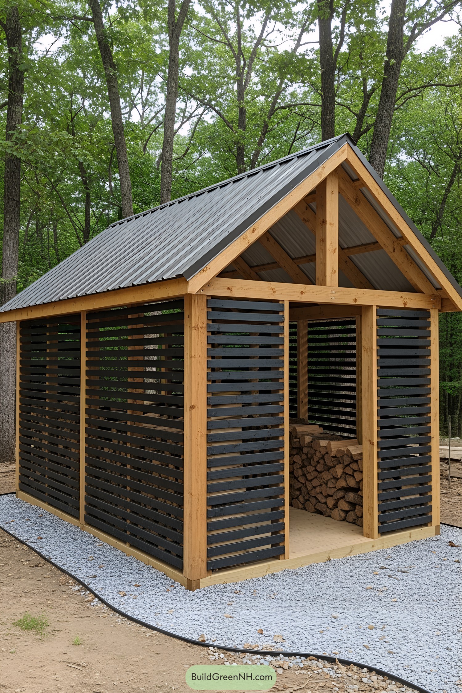 Wooden shed with slatted walls in a wooded area