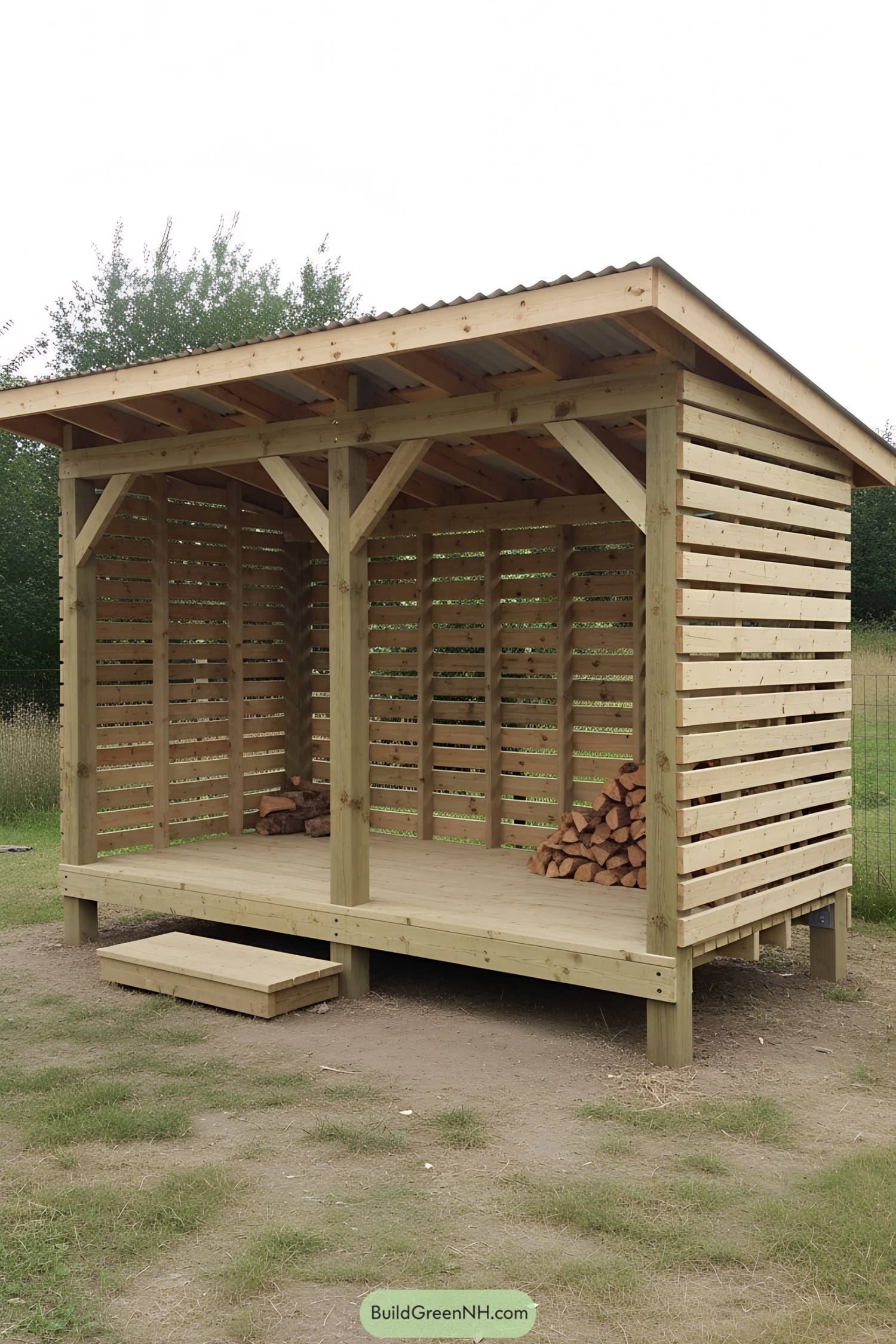 Simple wooden firewood shed with a stack of logs