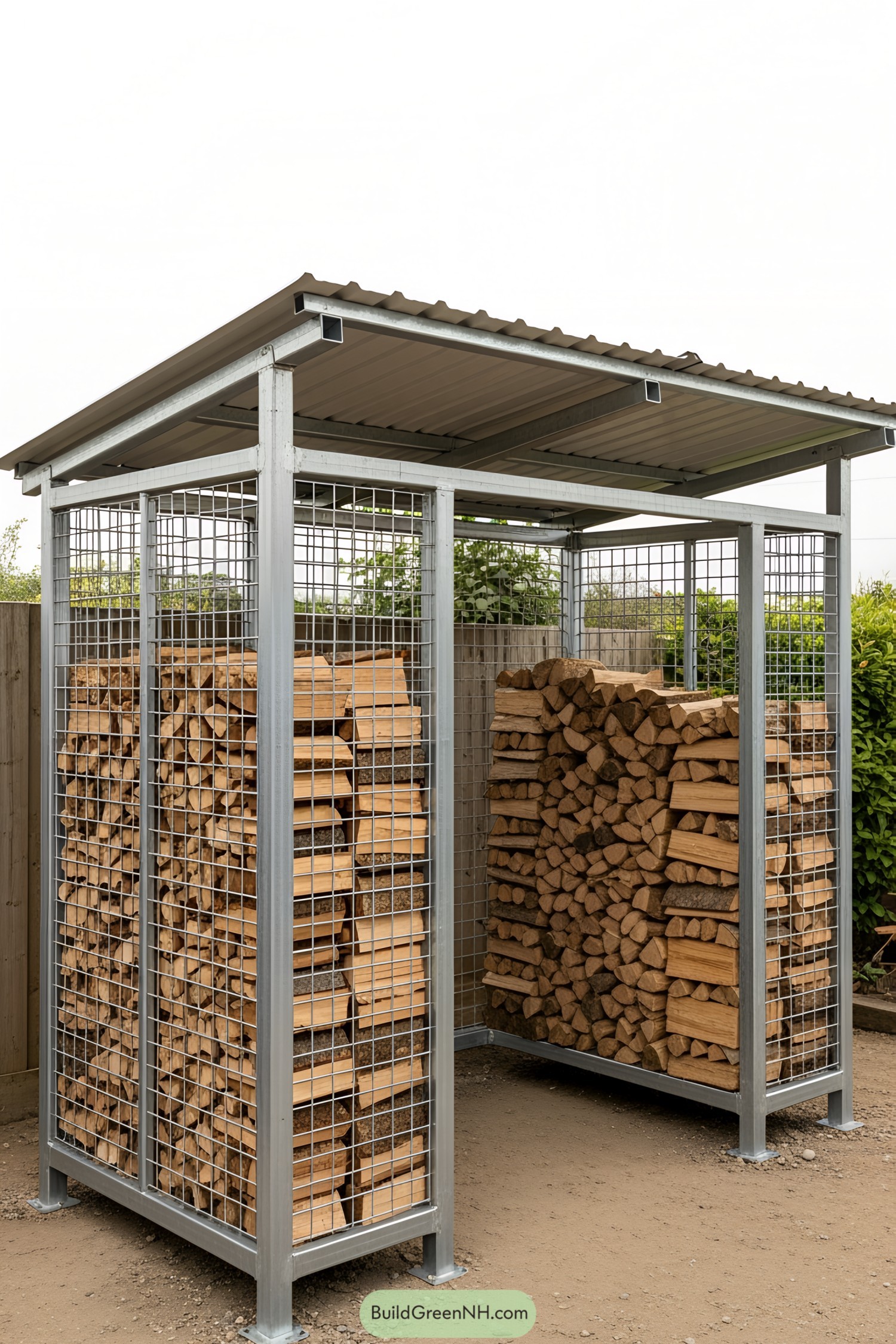 A modern firewood shed with a metal frame and grid walls