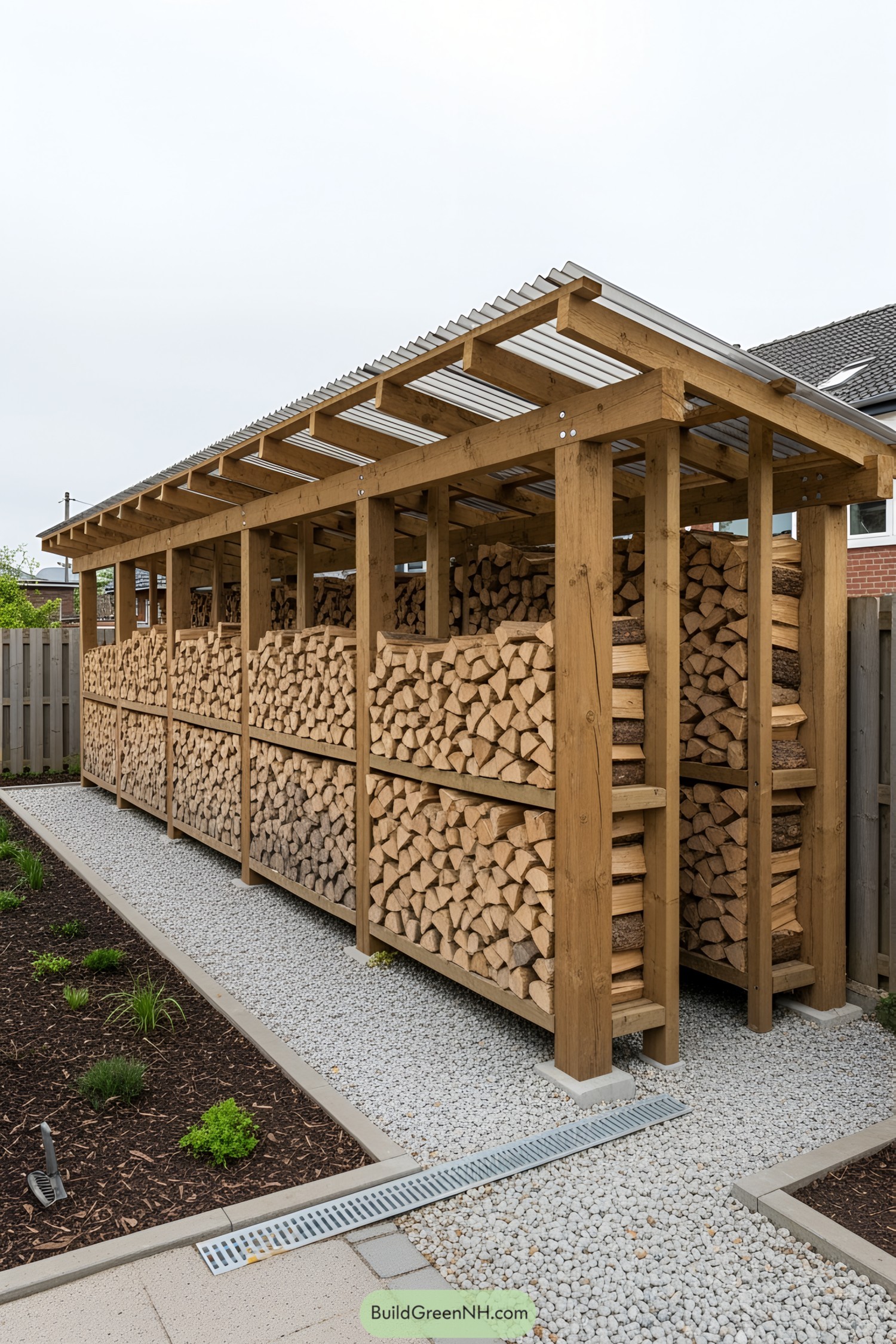 Neatly stacked firewood in a wooden shed