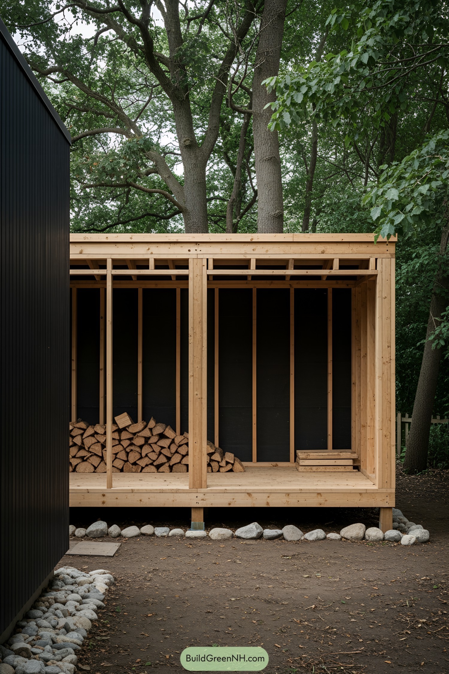 Firewood neatly stacked in a wooden shelter