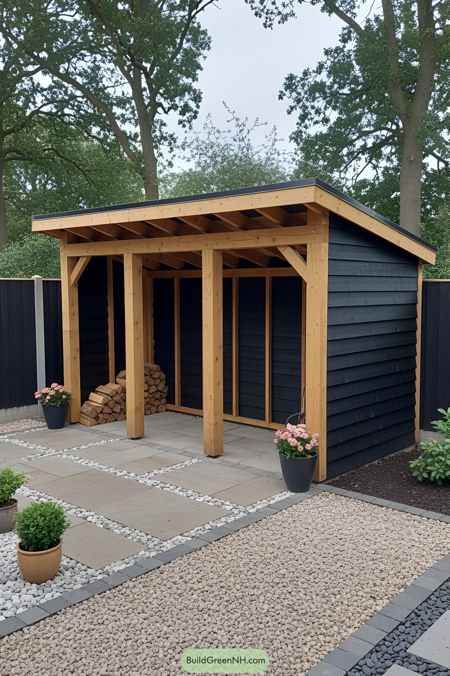 Wooden shed with logs stacked outside