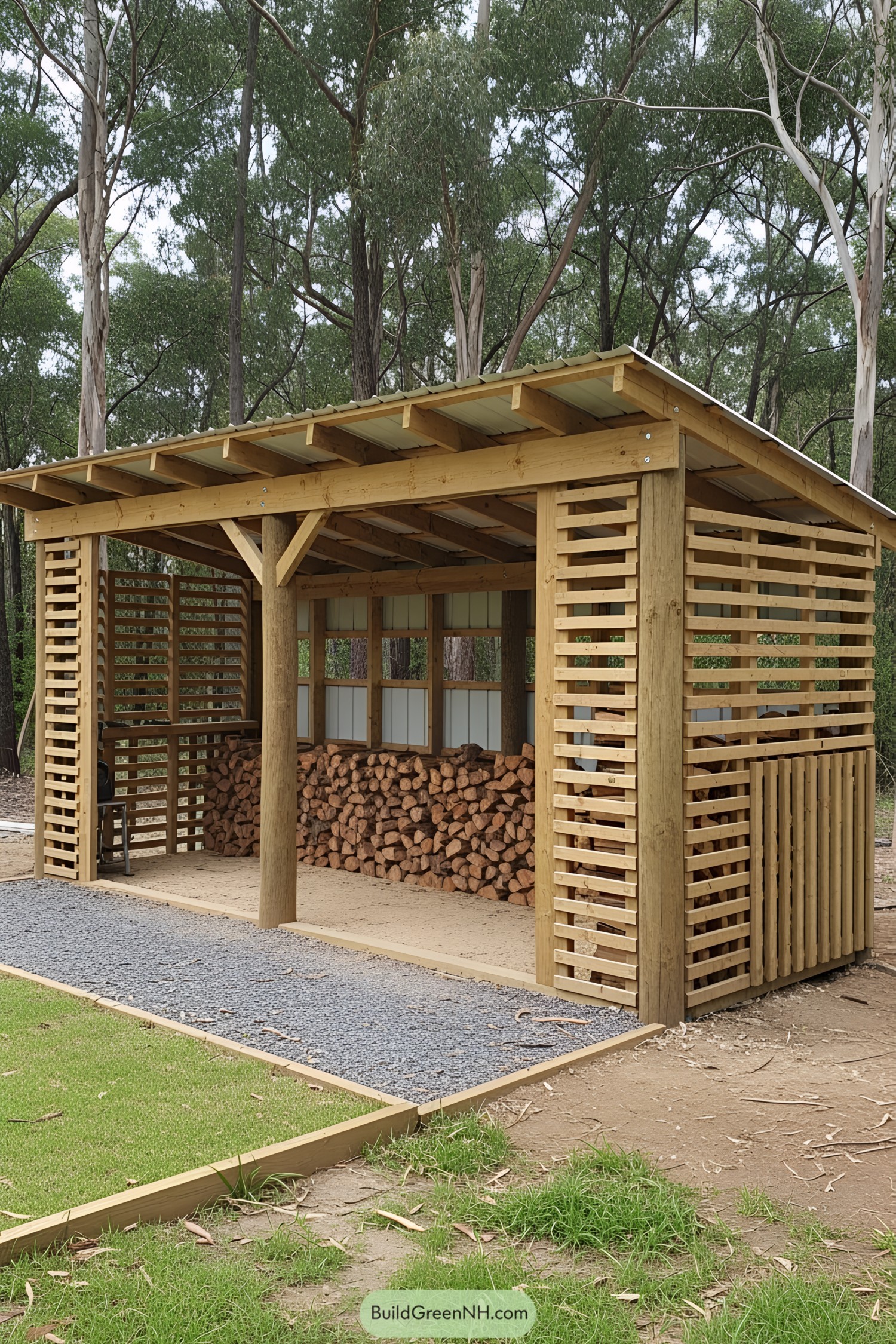 Open wooden shed with stacked firewood