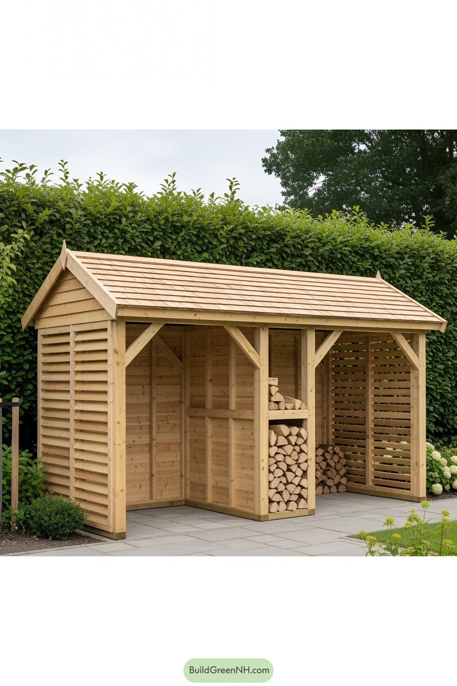 Wooden firewood shed with a gabled roof and stacked logs