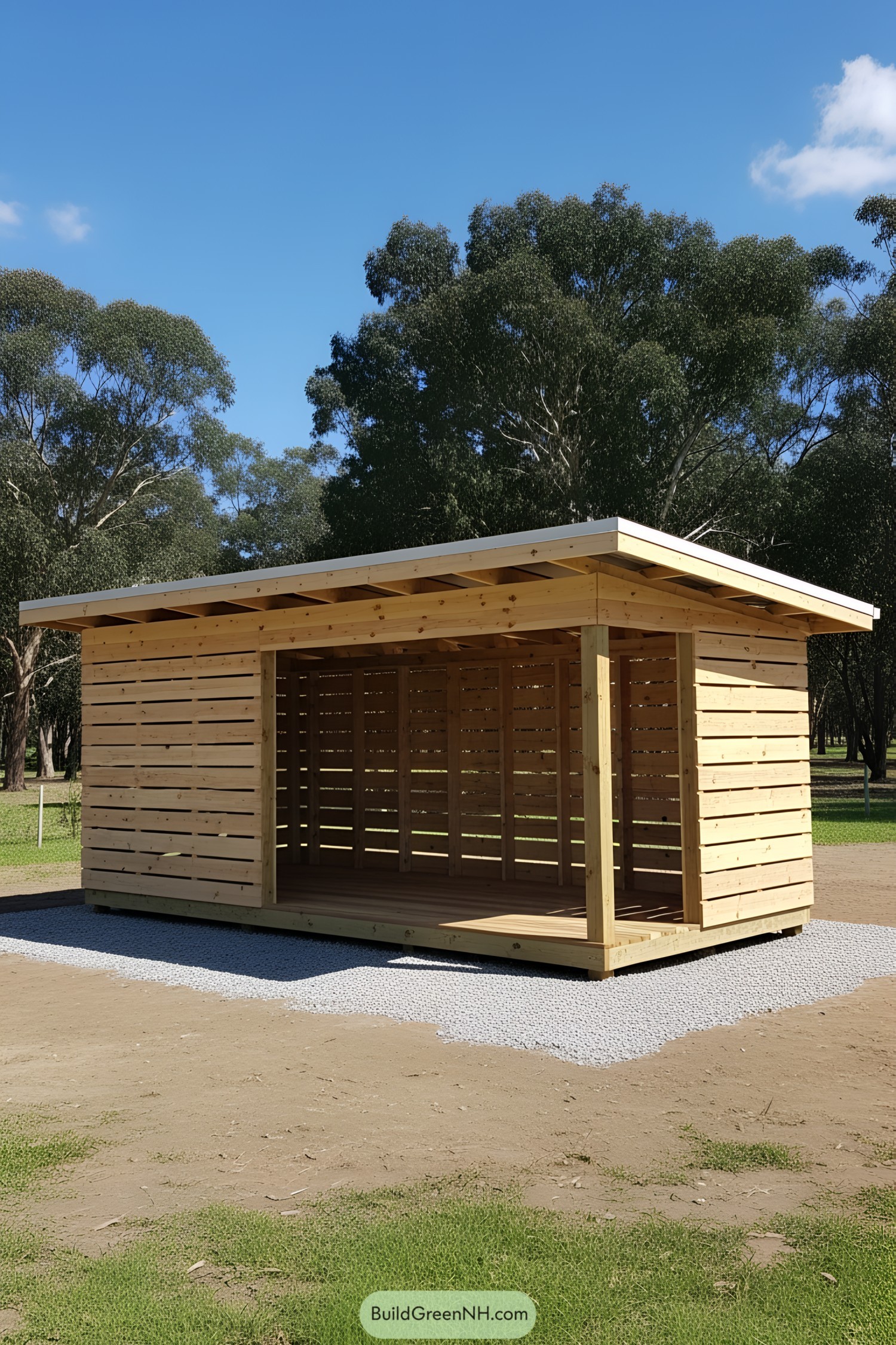 Wooden shed on gravel foundation under blue sky