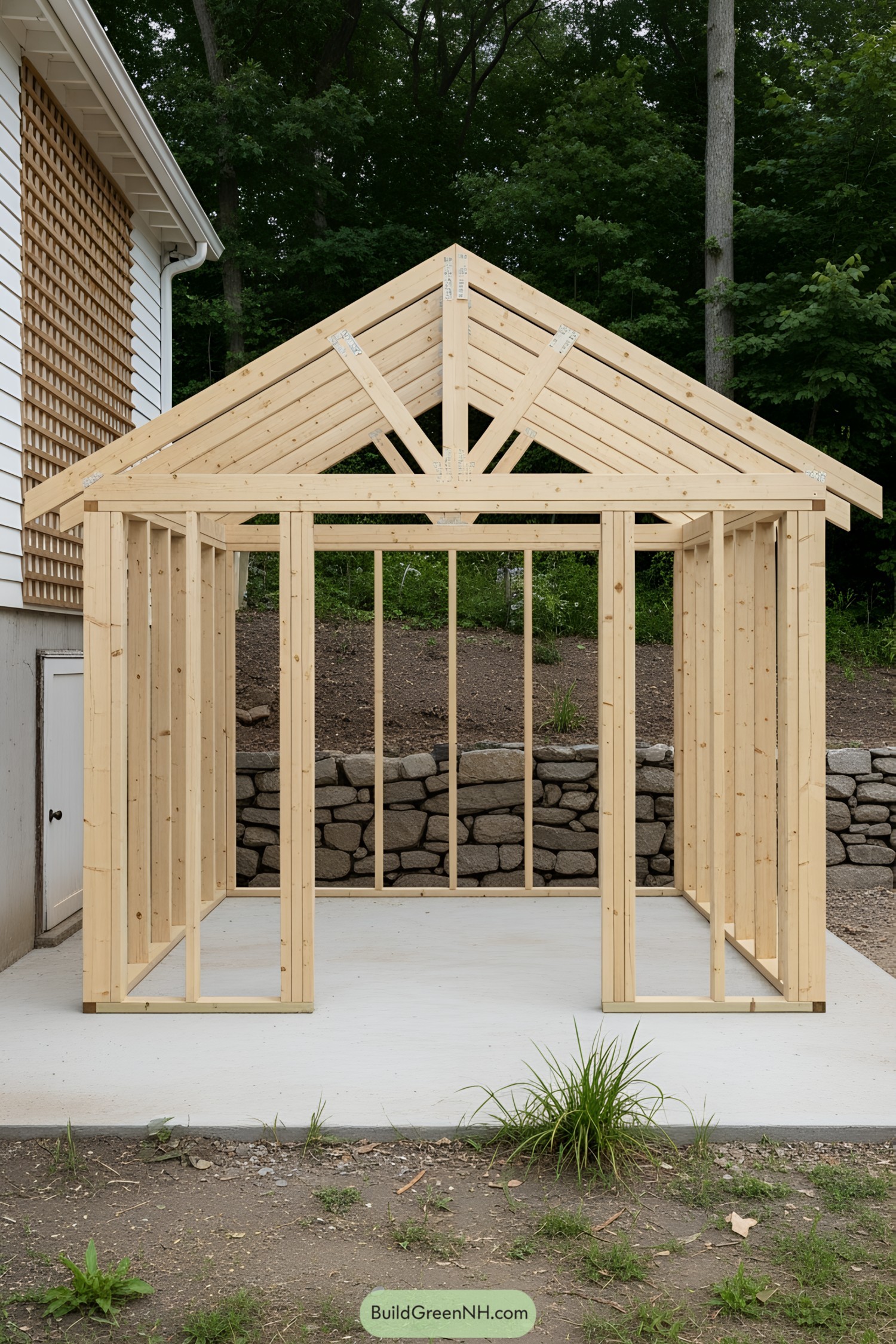 Half-built firewood shed with exposed wooden framework