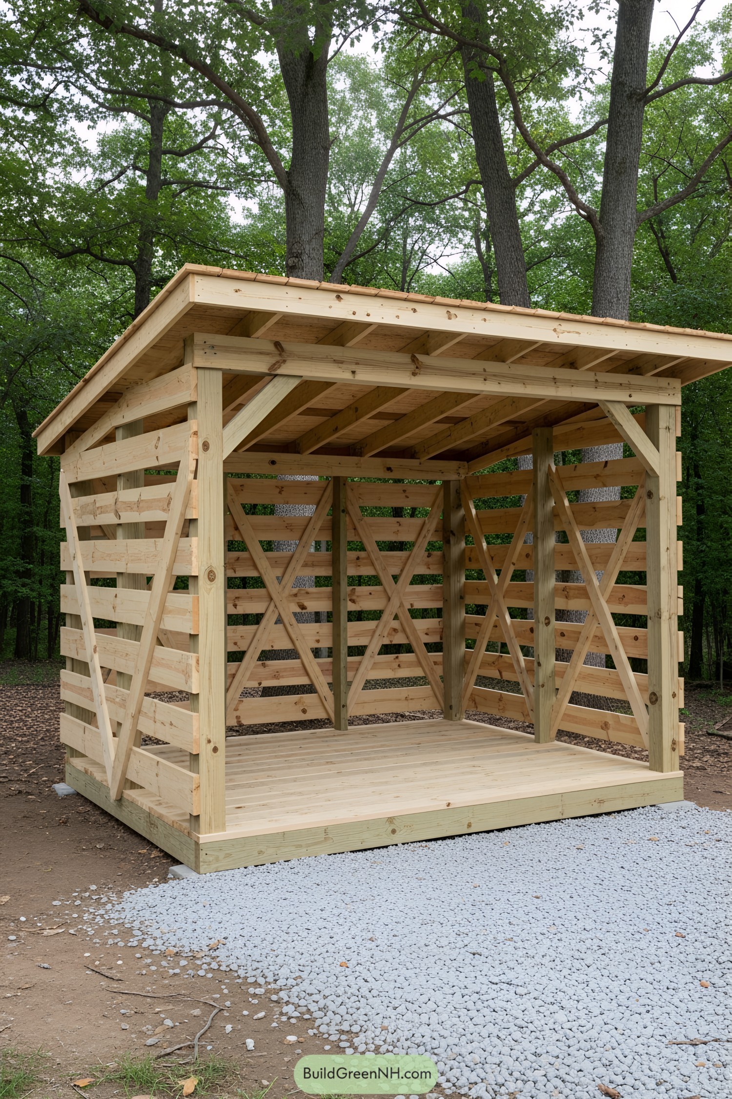 Simple, open rustic shed with wooden slats