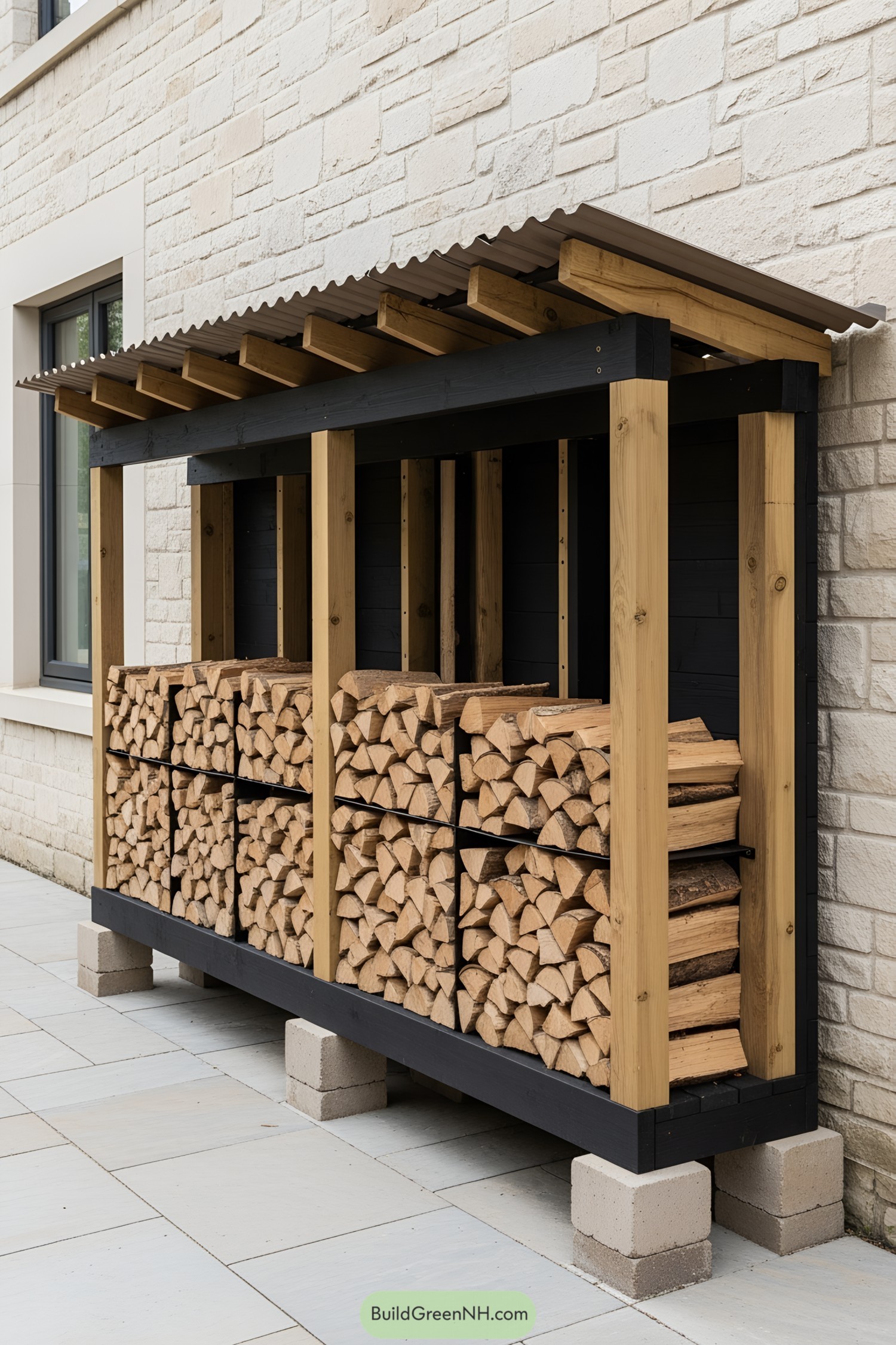Neatly stacked logs in a wooden firewood shed