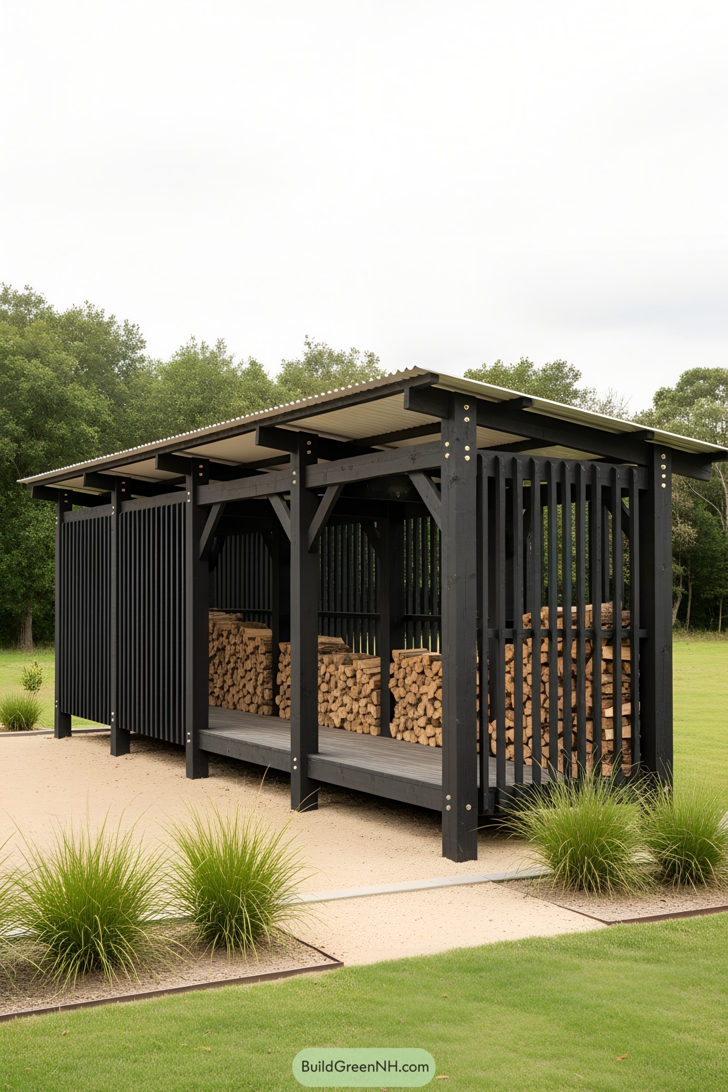 Sleek black firewood shed on a sunny day