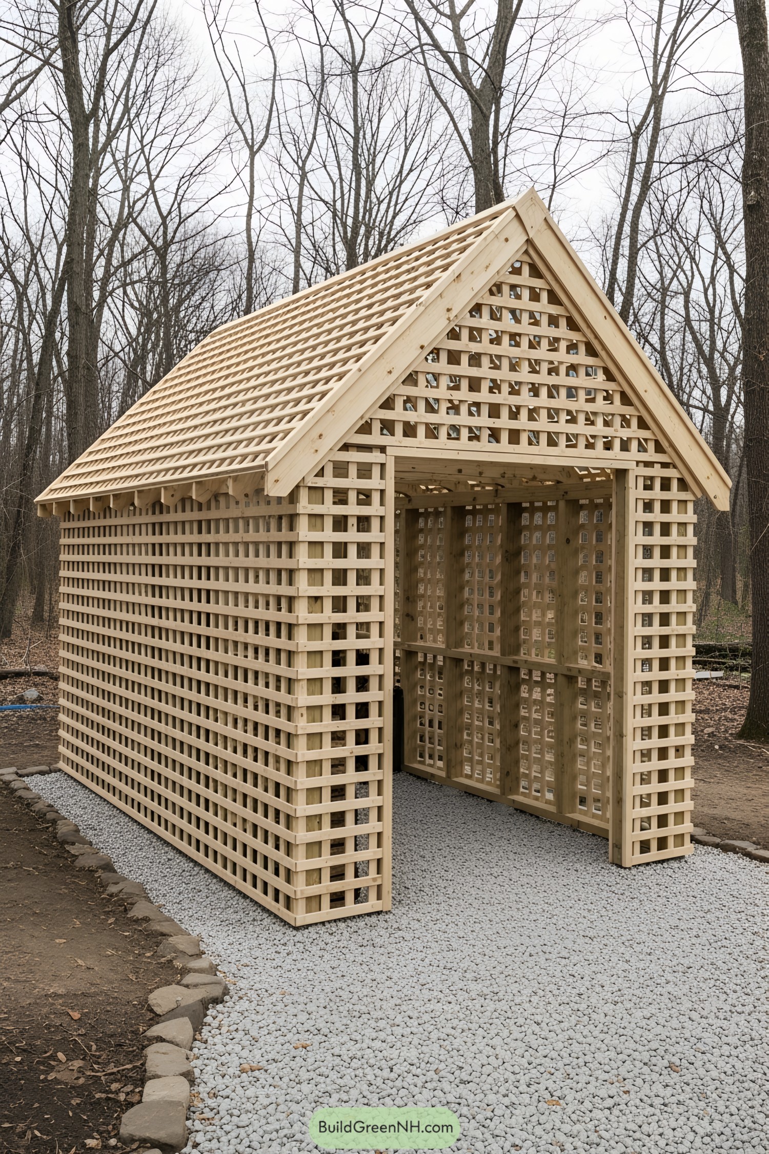 Wooden firewood shed with lattice design